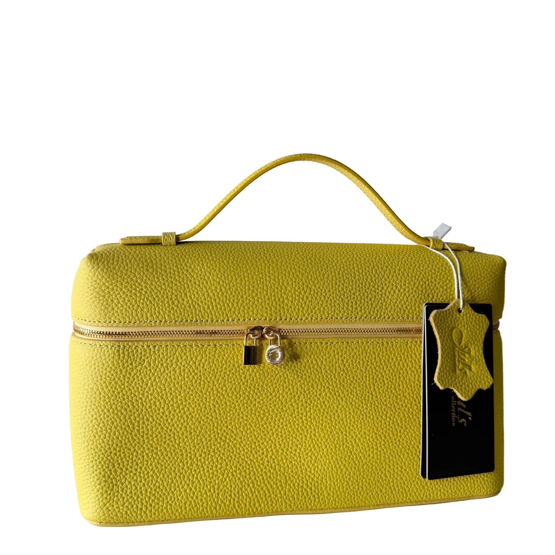 Yellow handbag with a visible brand tag on a white background