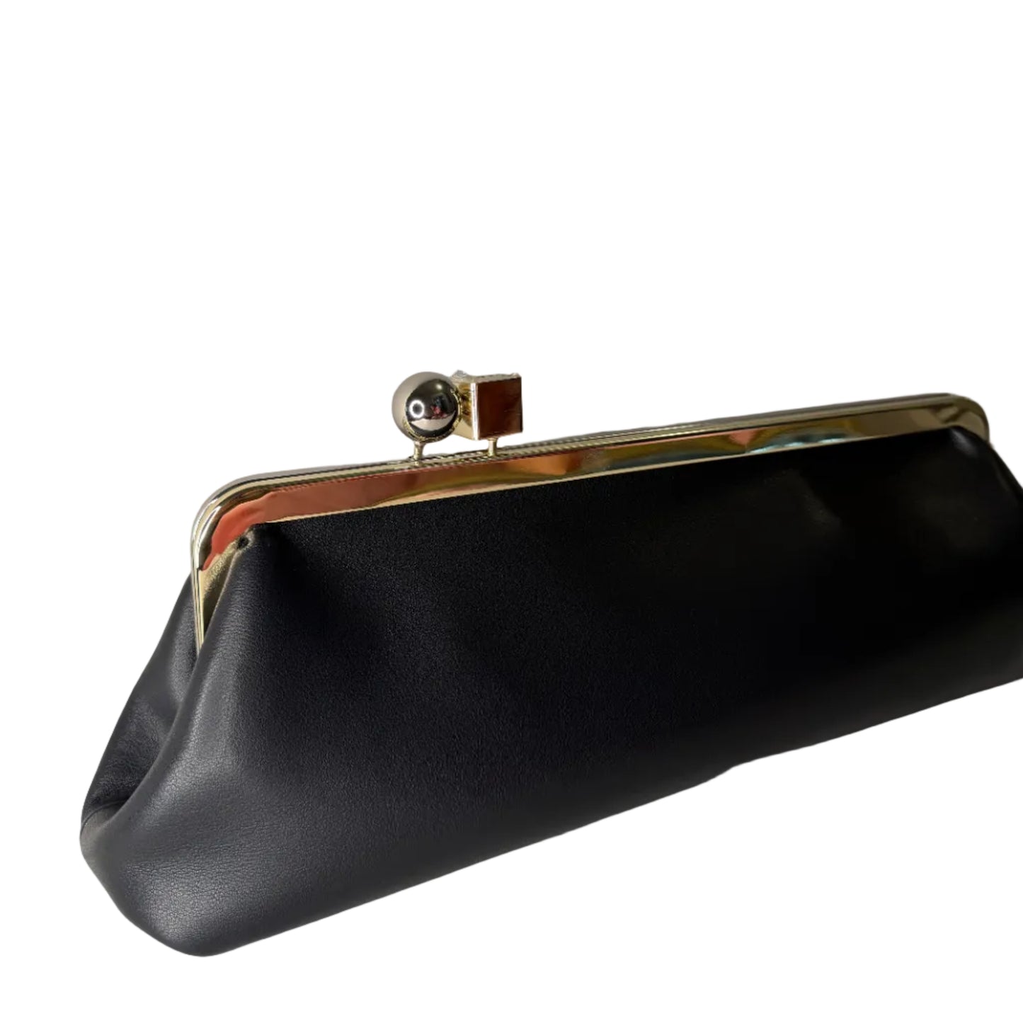 Black clutch bag with gold frame on a light gray background