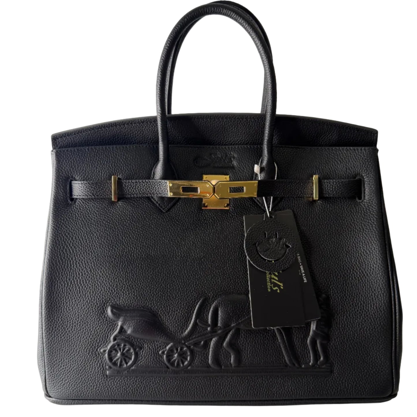 Black leather handbag with gold hardware on a light gray background