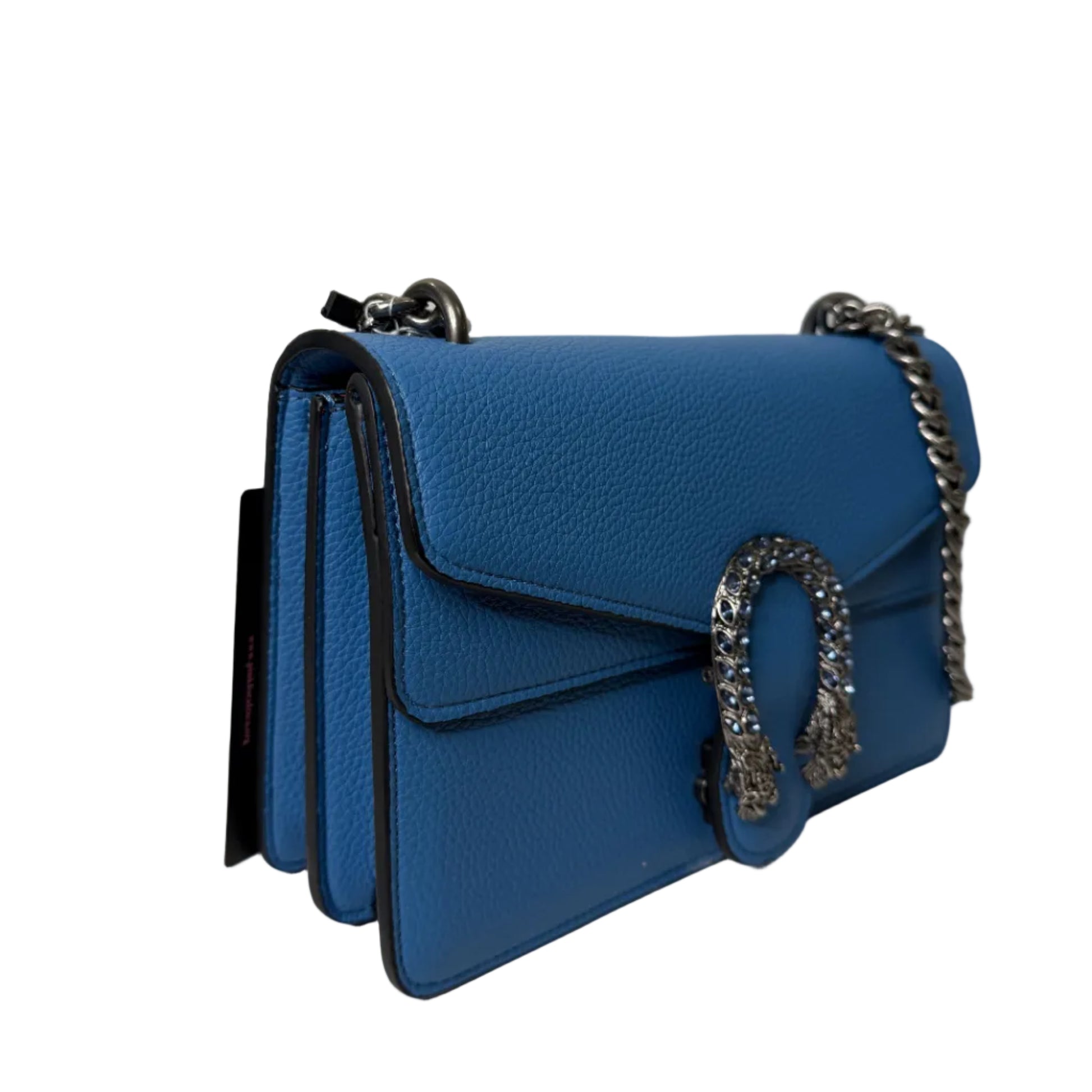 Blue handbag with a chain detail on a white background