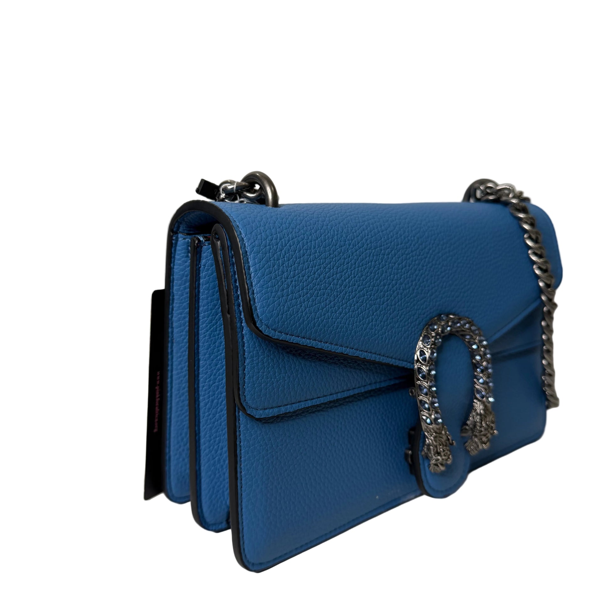Blue leather wallet with chain strap on a white background