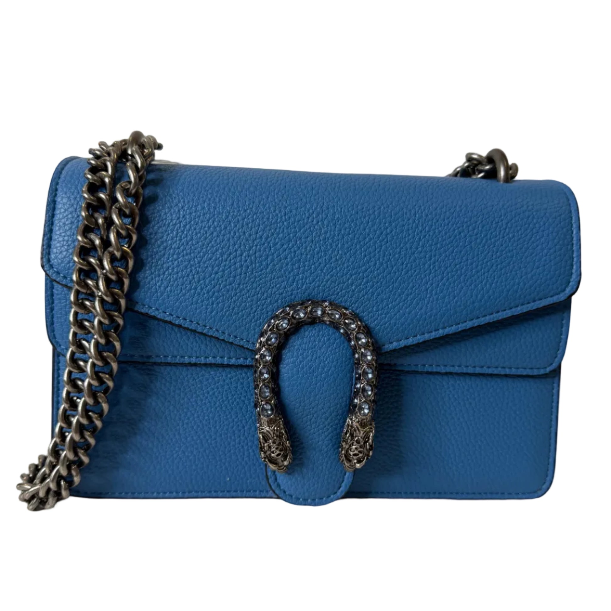 Blue handbag with a chain detail on a light gray background
