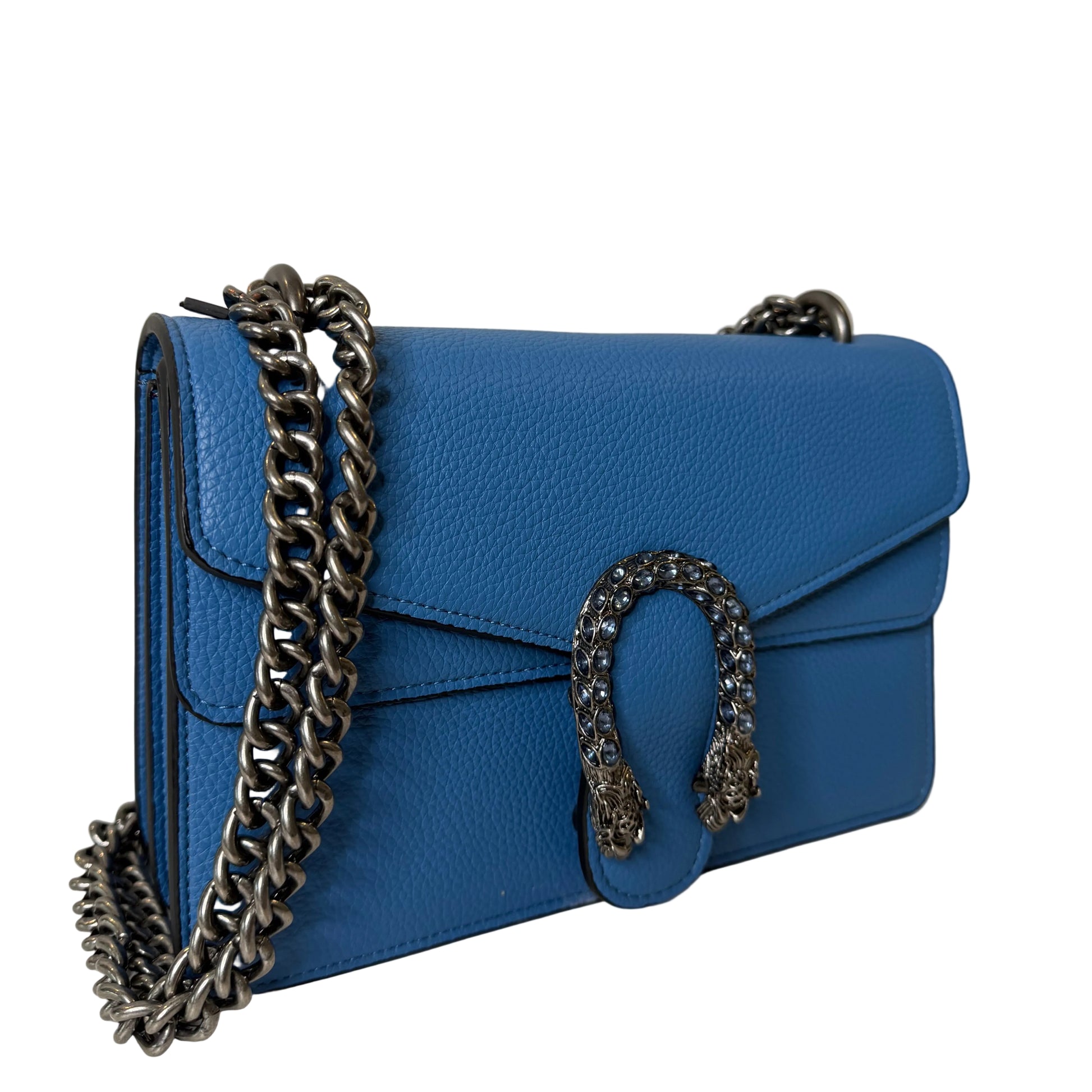 Blue handbag with a chain strap on a white background