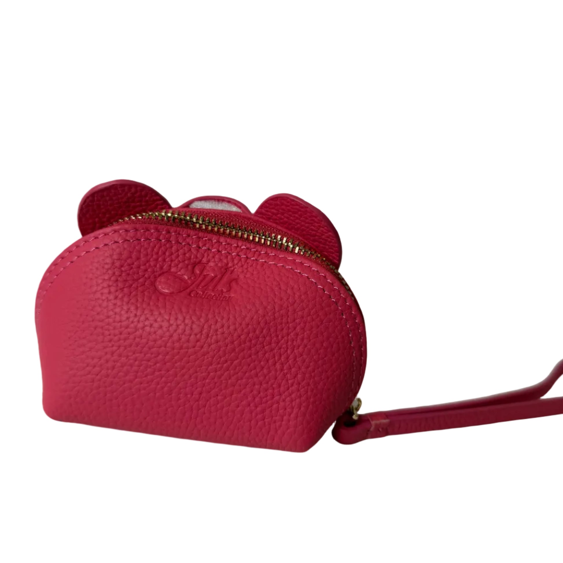 Red textured pouch with a gold zipper on a white background