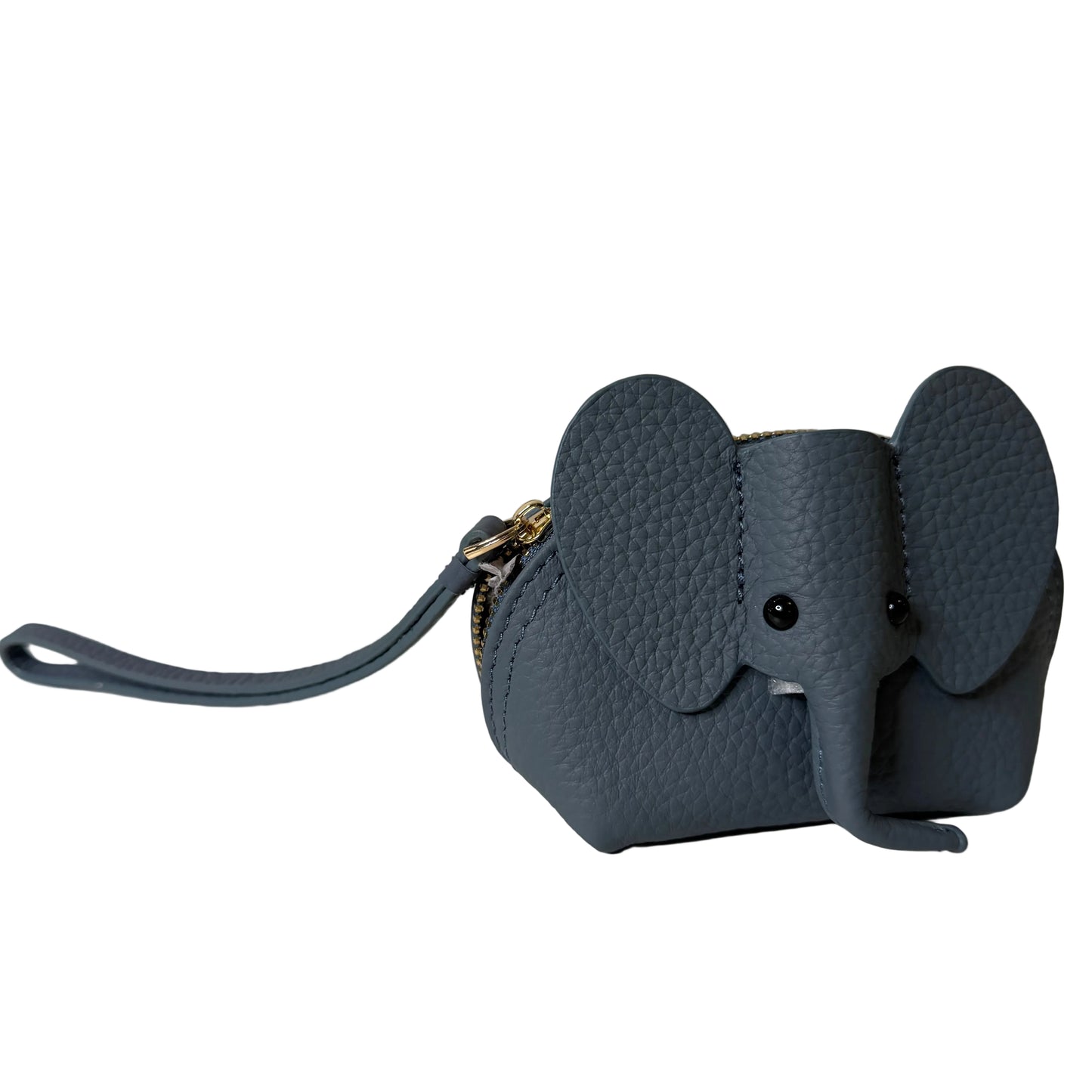 Gray dog-shaped pouch with a gold zipper on a white background