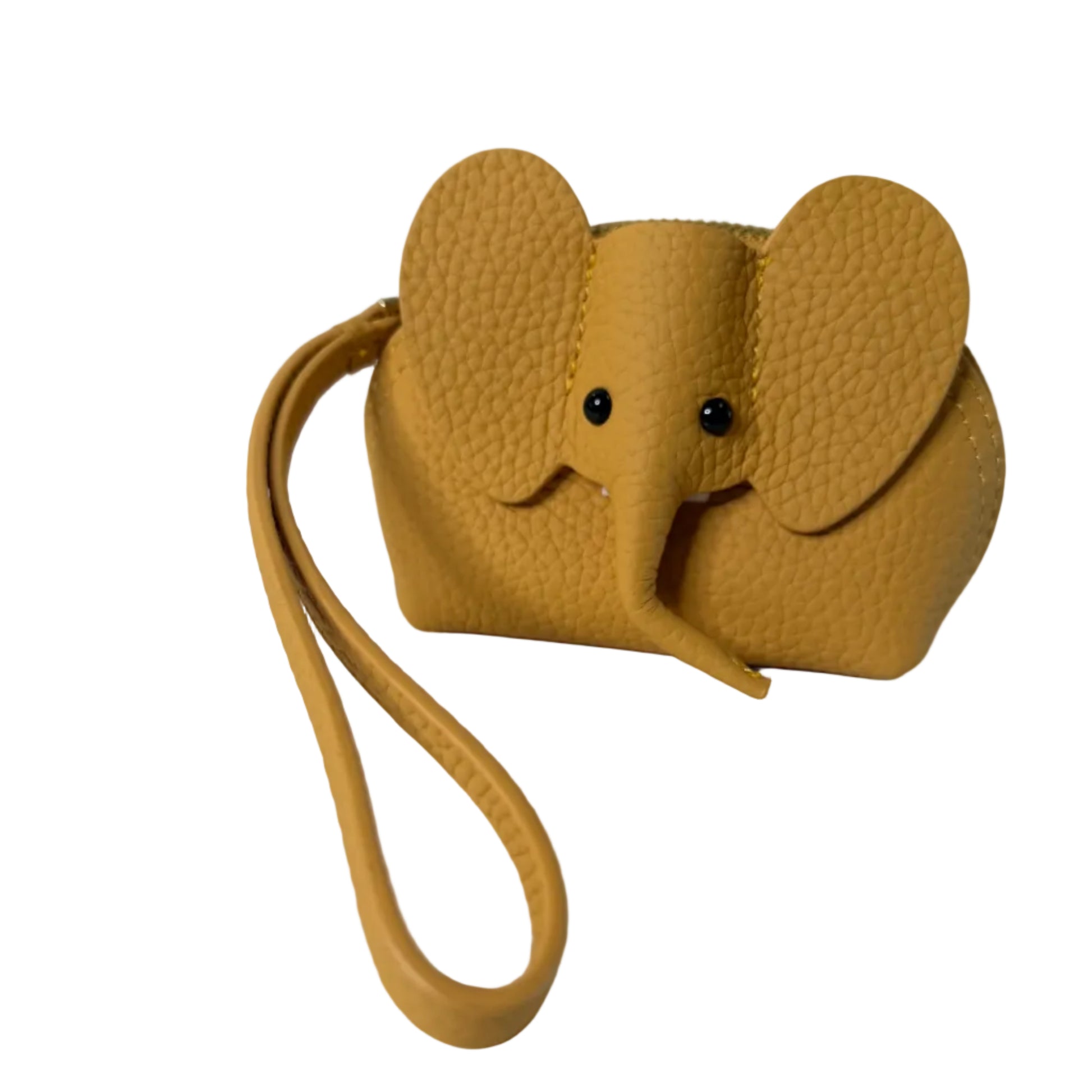 Brown leather dog-shaped pouch with a strap on a white surface