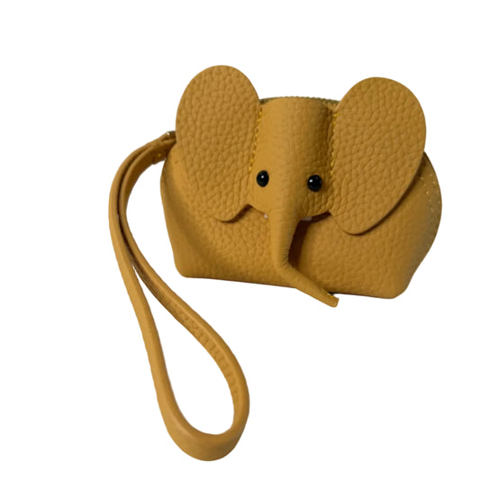 Brown leather dog-shaped pouch with a strap on a white surface