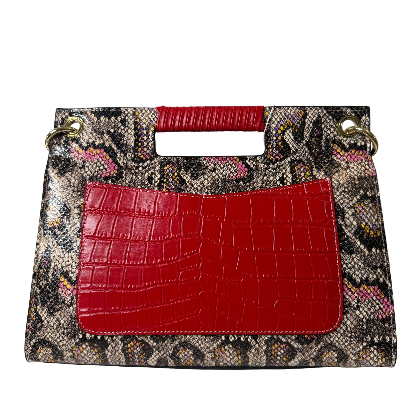 Designer handbag with snake print and red crocodile texture on a light gray background