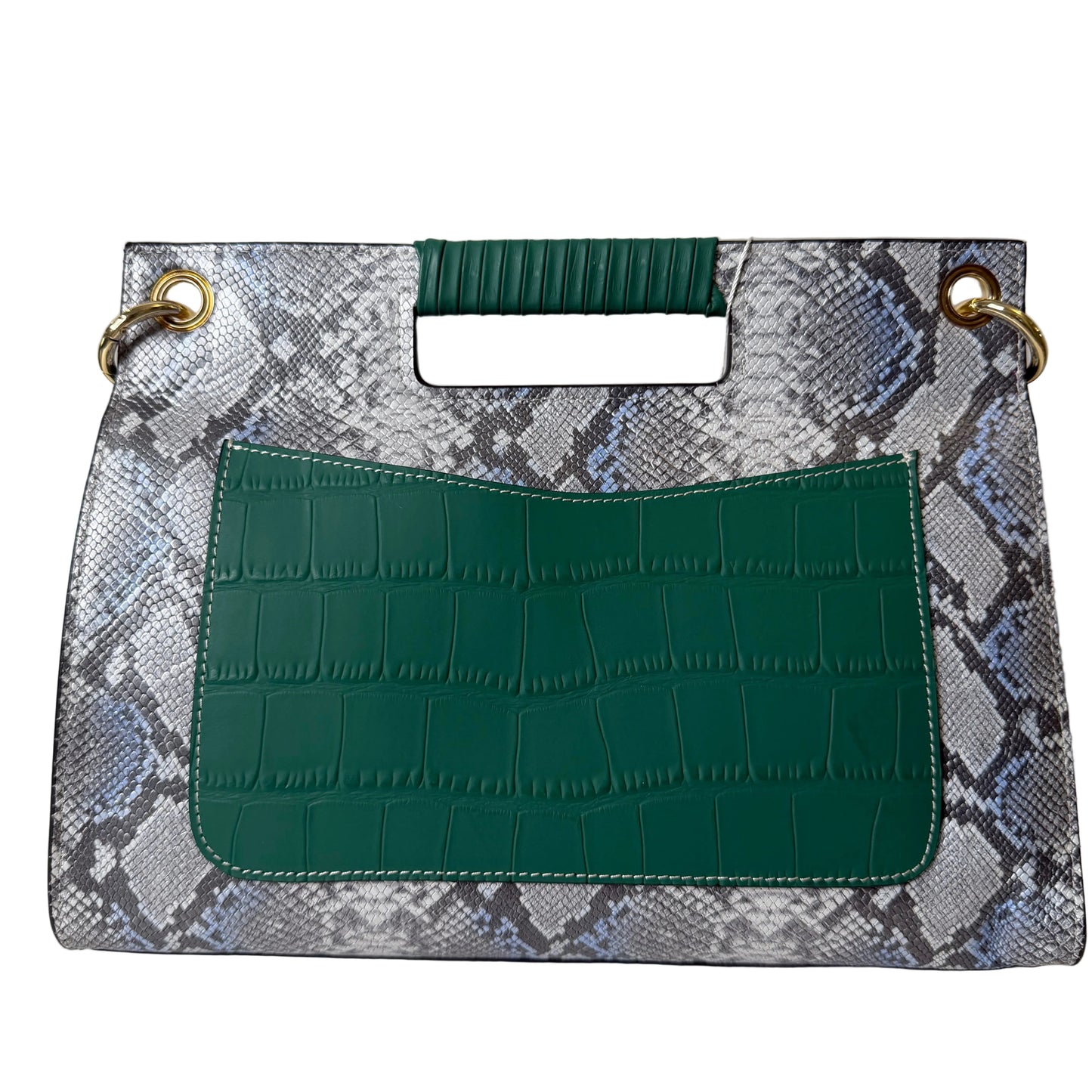 Handbag with snake print and green accents on a white background