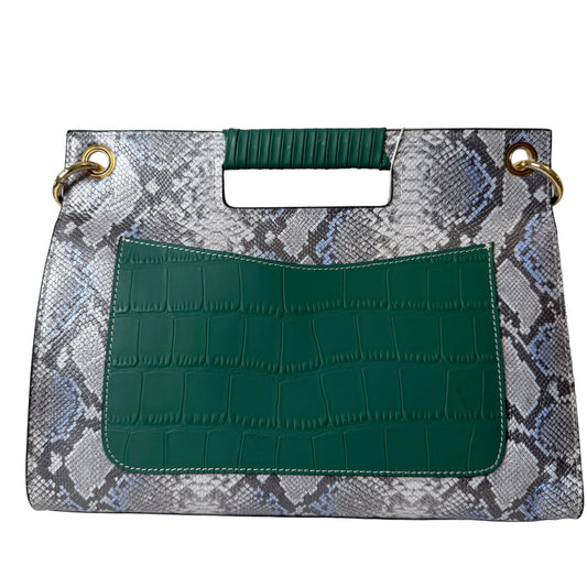Handbag with snake print and green accents on a white background