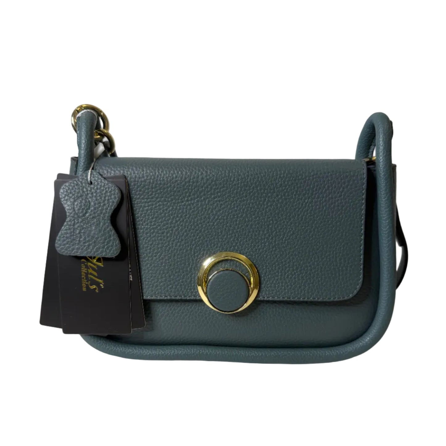 Gray leather wallet with gold ring and black cardholder on a white background