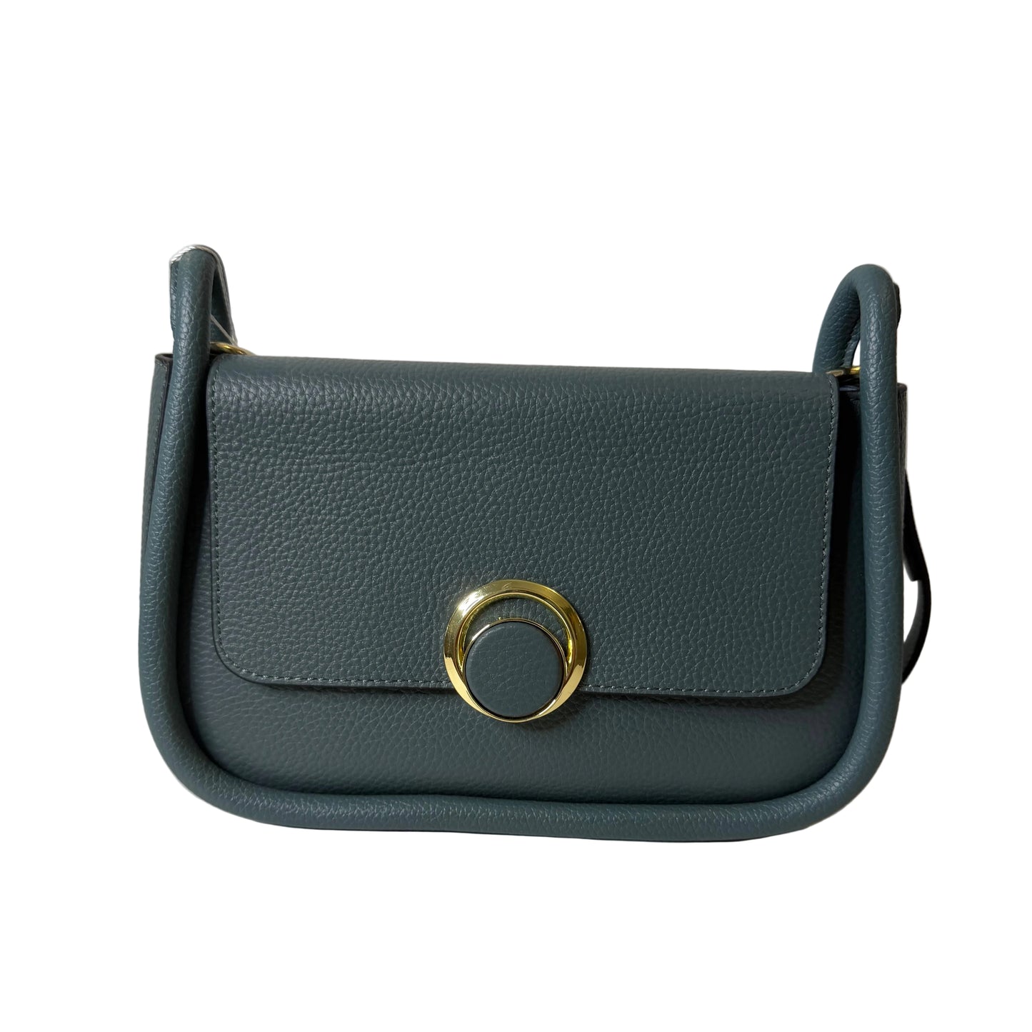 Gray leather wallet with a gold clasp on a light gray background