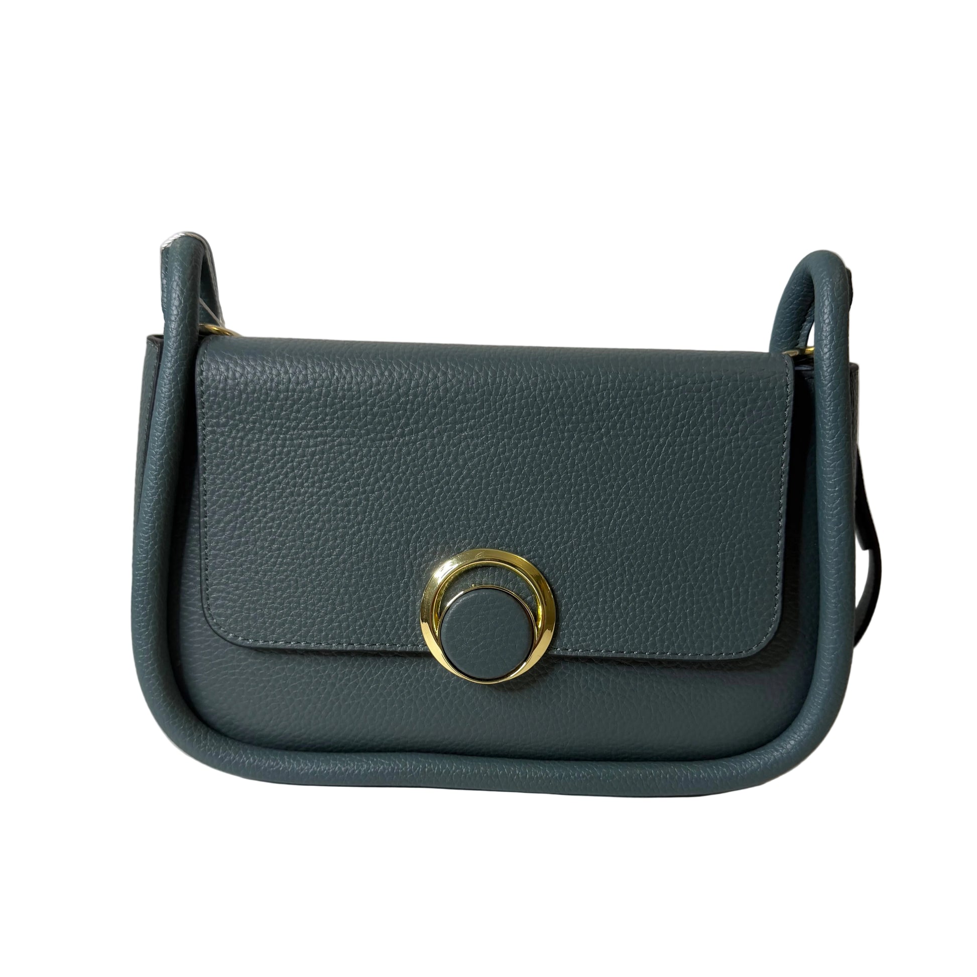 Gray leather wallet with a gold clasp on a light gray background
