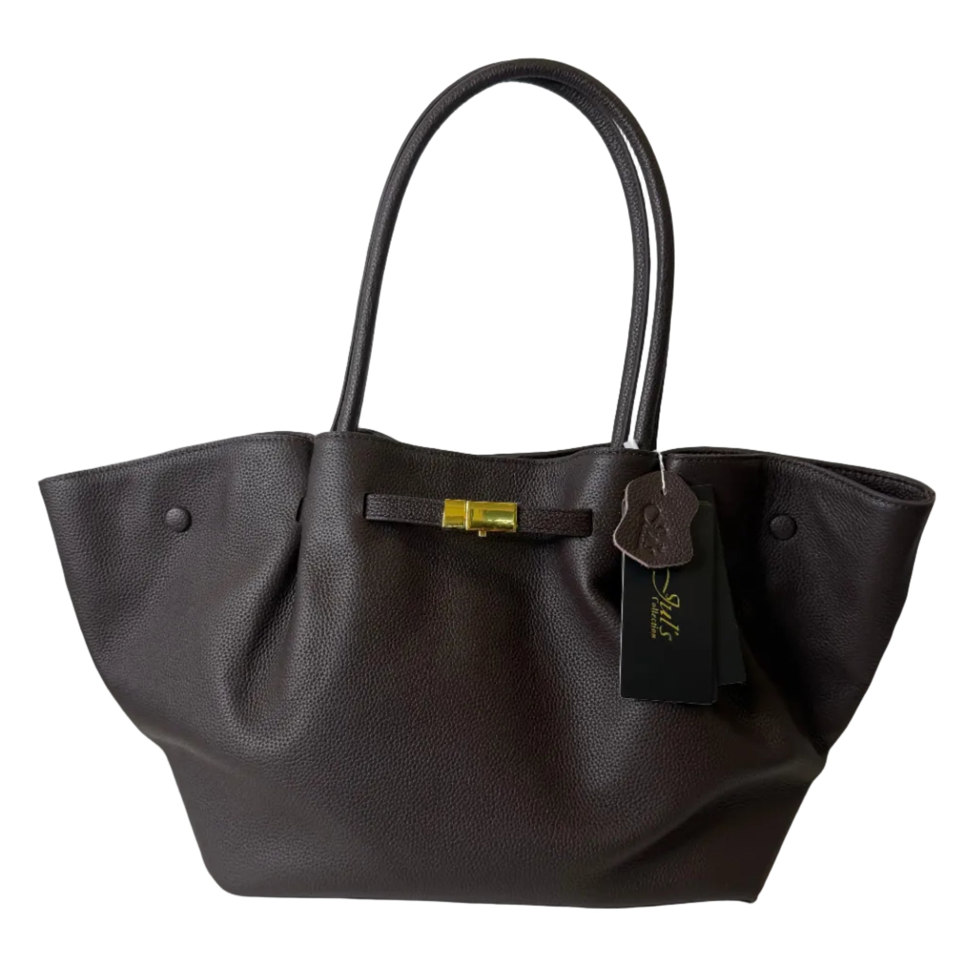 Black handbag with a visible brand logo on a light gray background