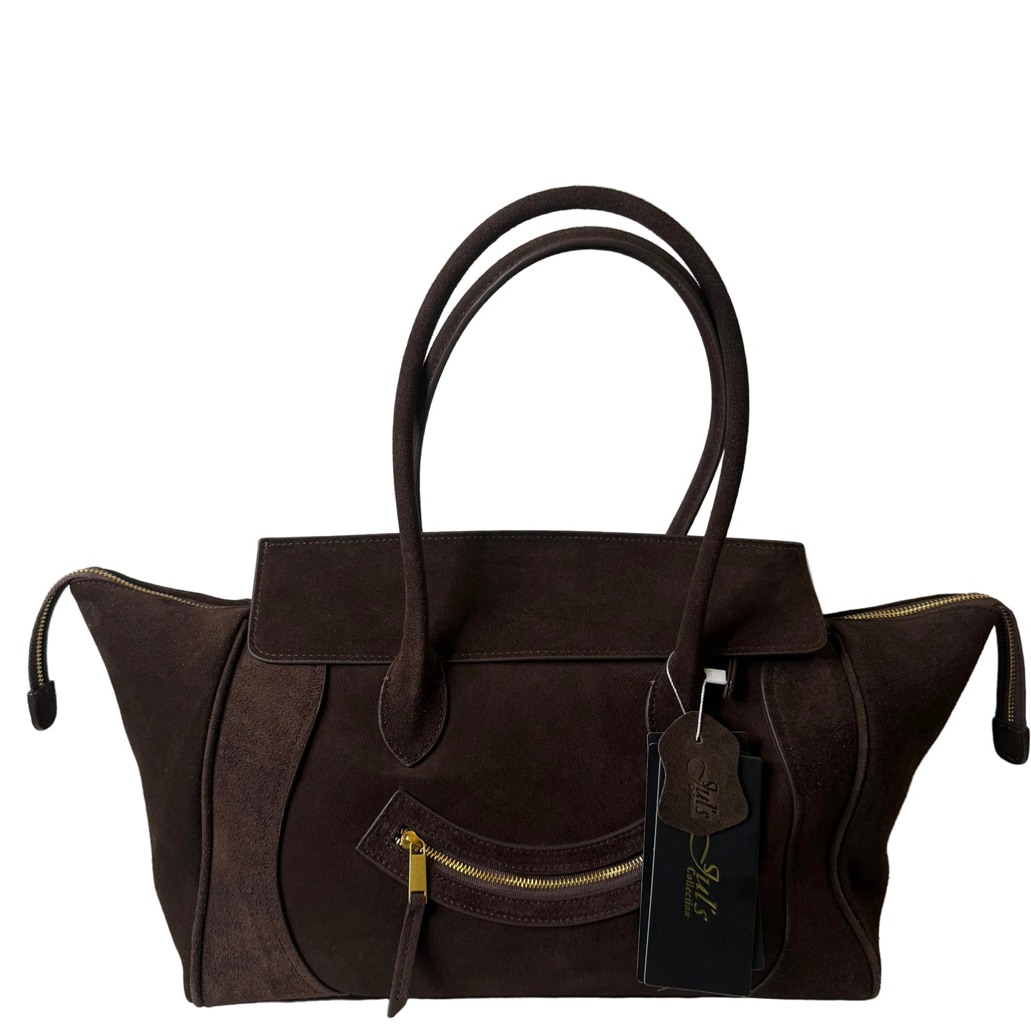 Brown handbag with a visible brand logo on a light gray background