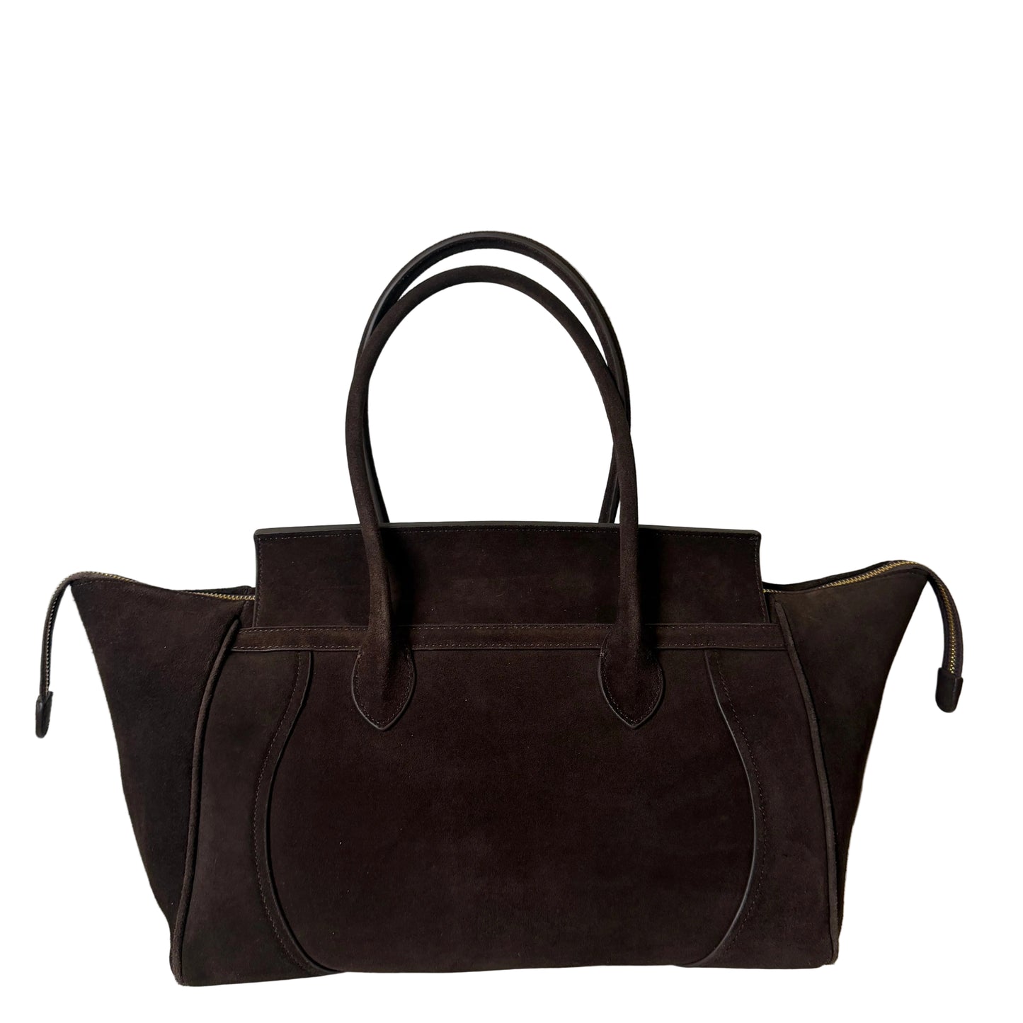 Dark brown leather handbag on a white surface