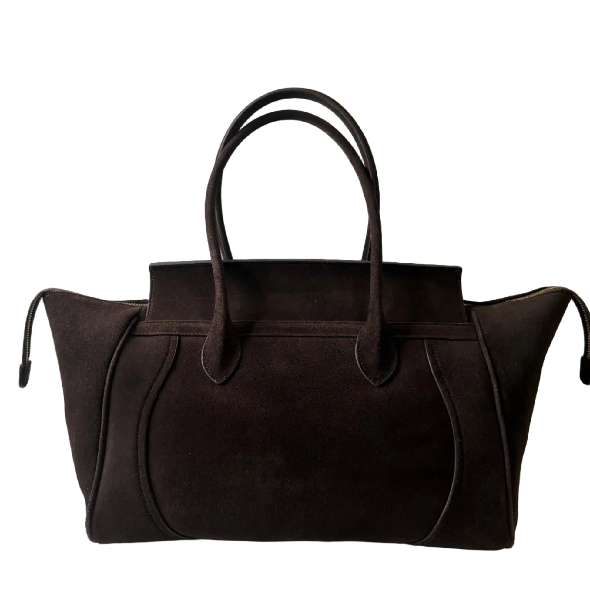 Brown leather handbag on a white background