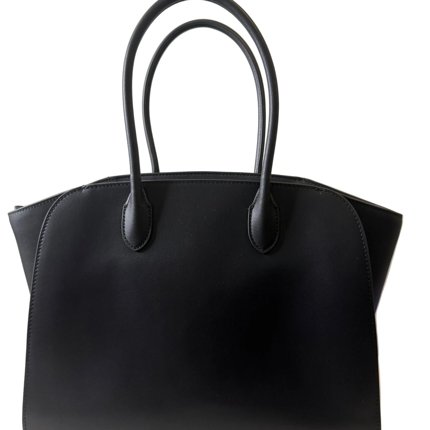 Black leather handbag on a light gray background