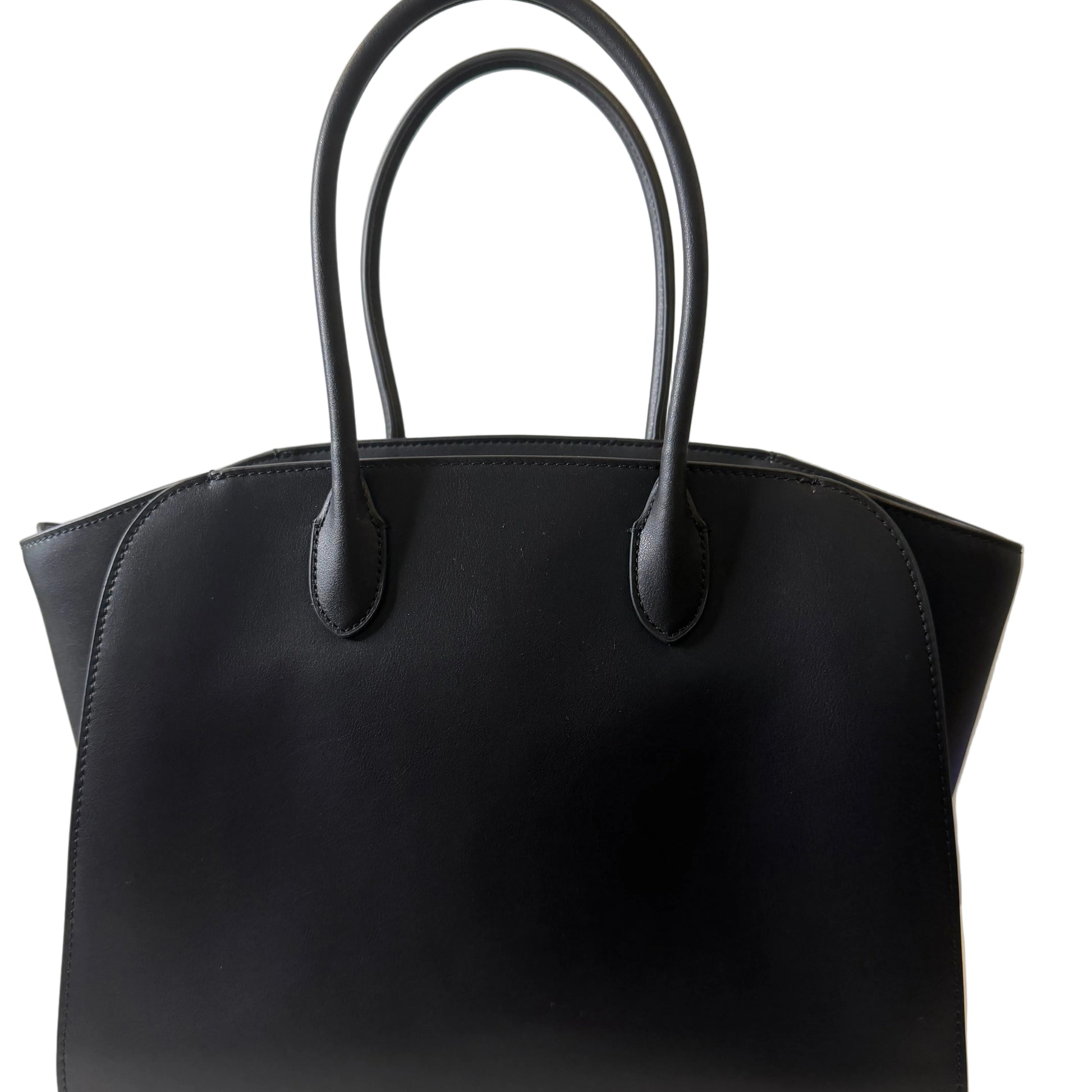 Black leather handbag on a light gray background