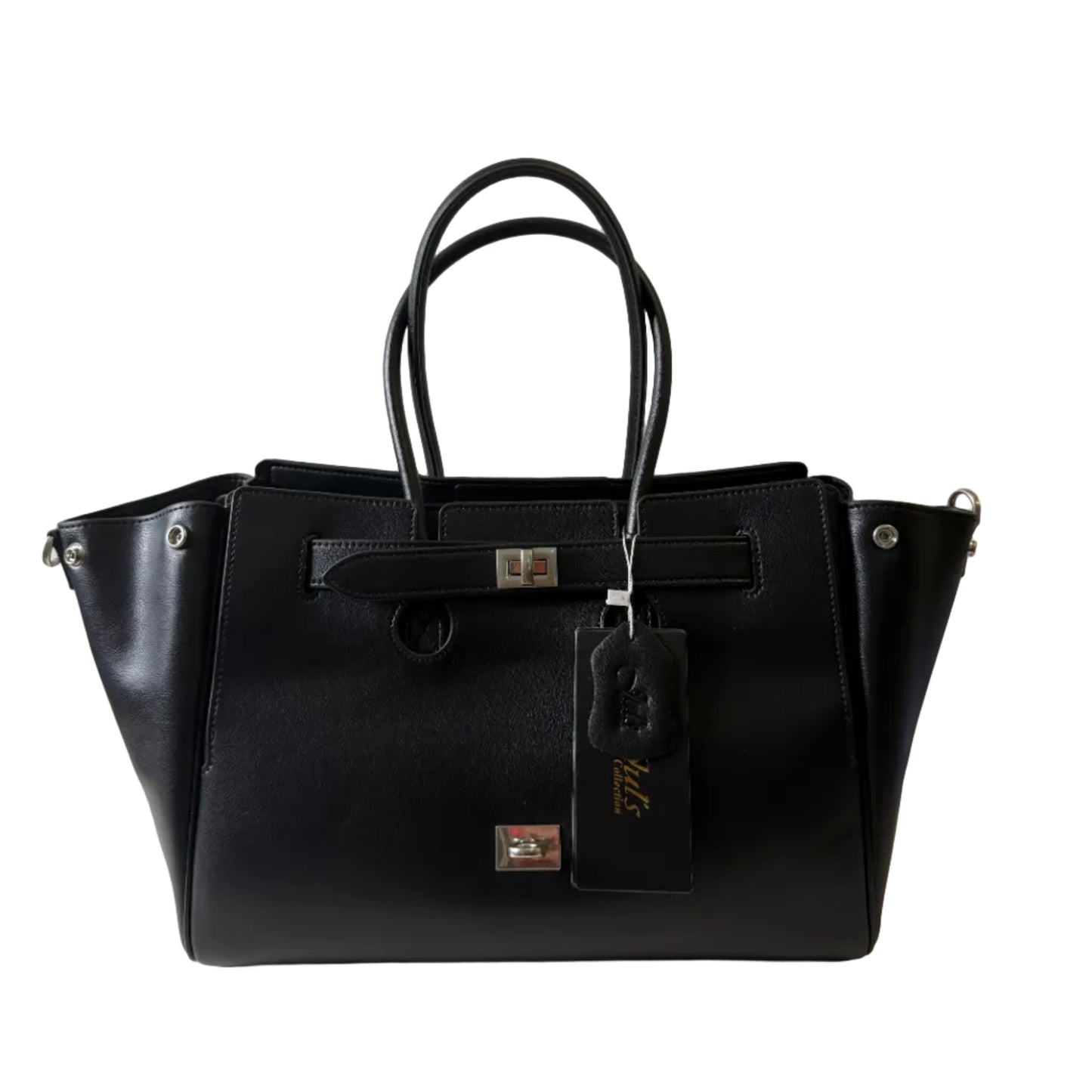 Black leather handbag with gold accents on a light gray background