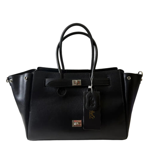 Black leather handbag with gold accents on a light gray background
