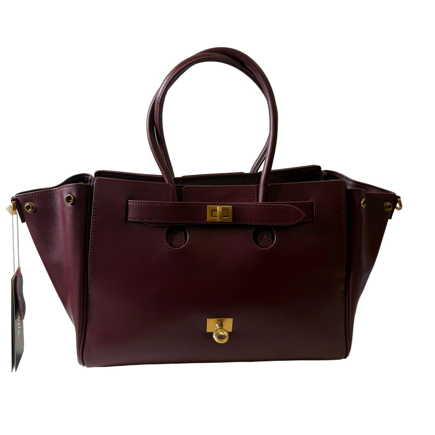 Maroon handbag with gold accents on a light gray background