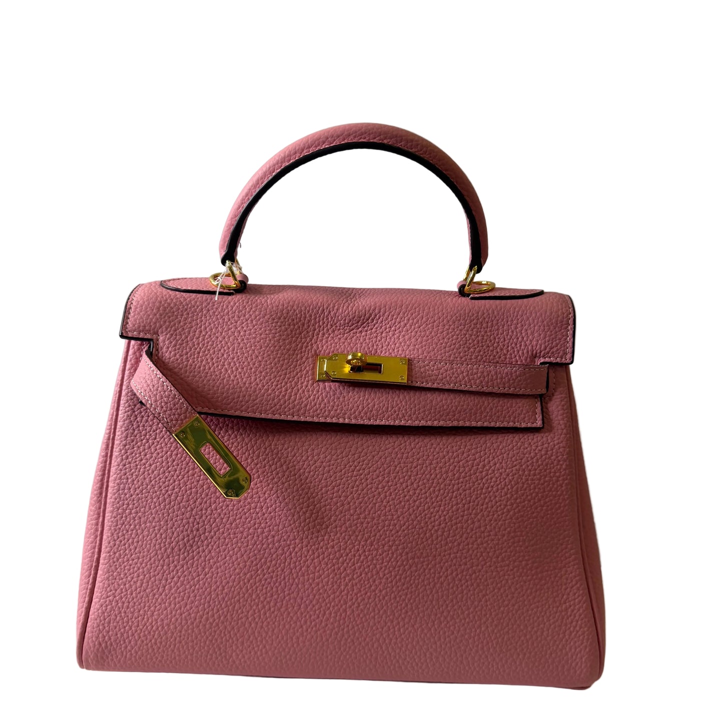 Pink handbag with gold hardware on a light gray background