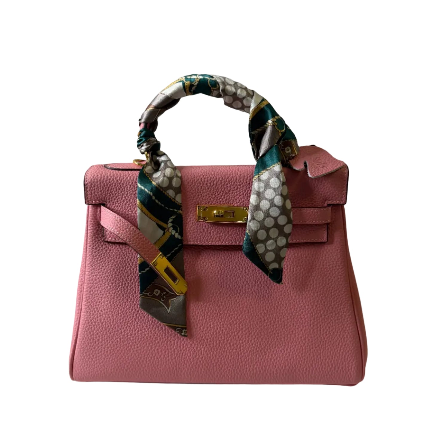 Pink handbag with a patterned handle on a white background
