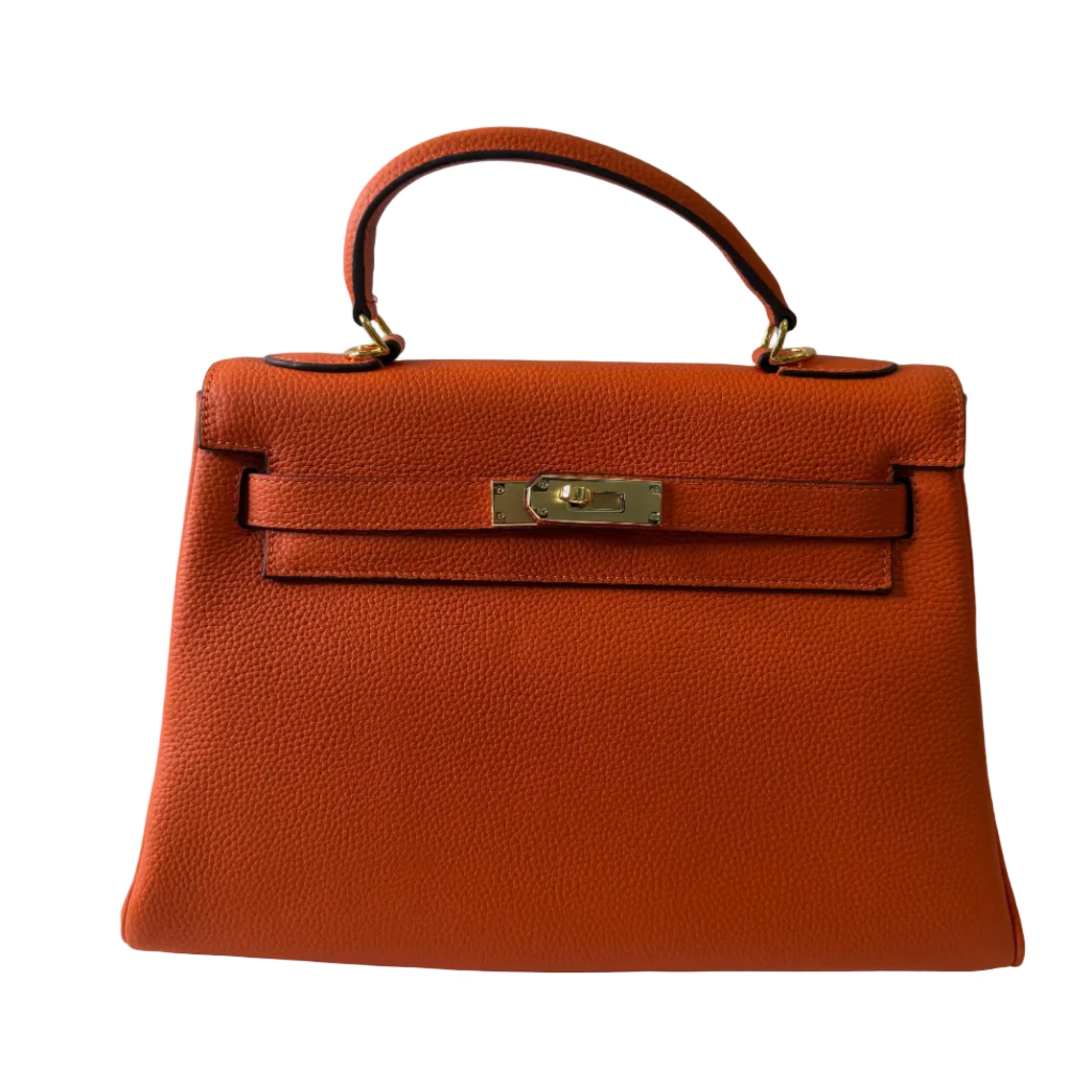 Brown leather handbag with gold clasp on a light gray background
