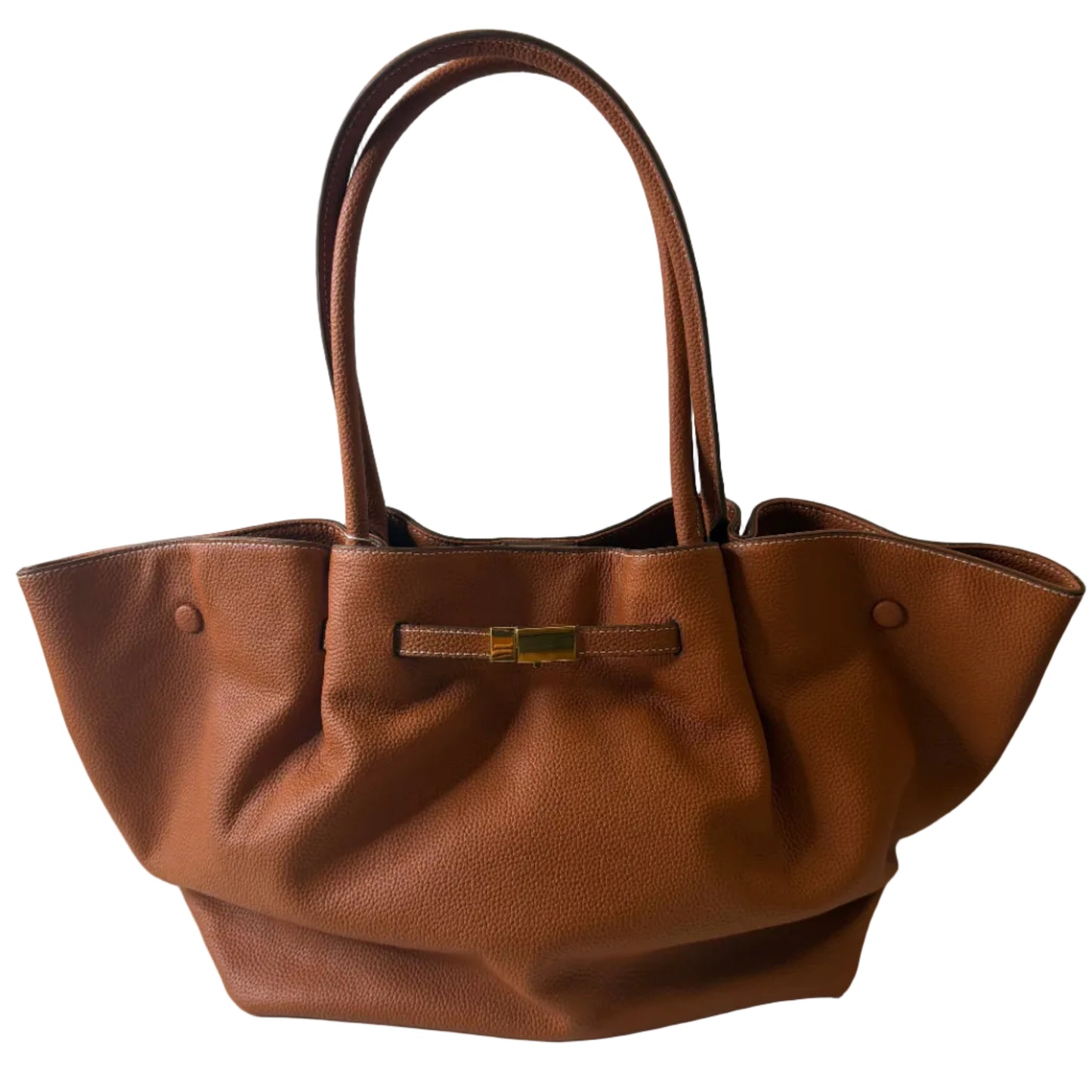 Brown leather handbag on a light gray background