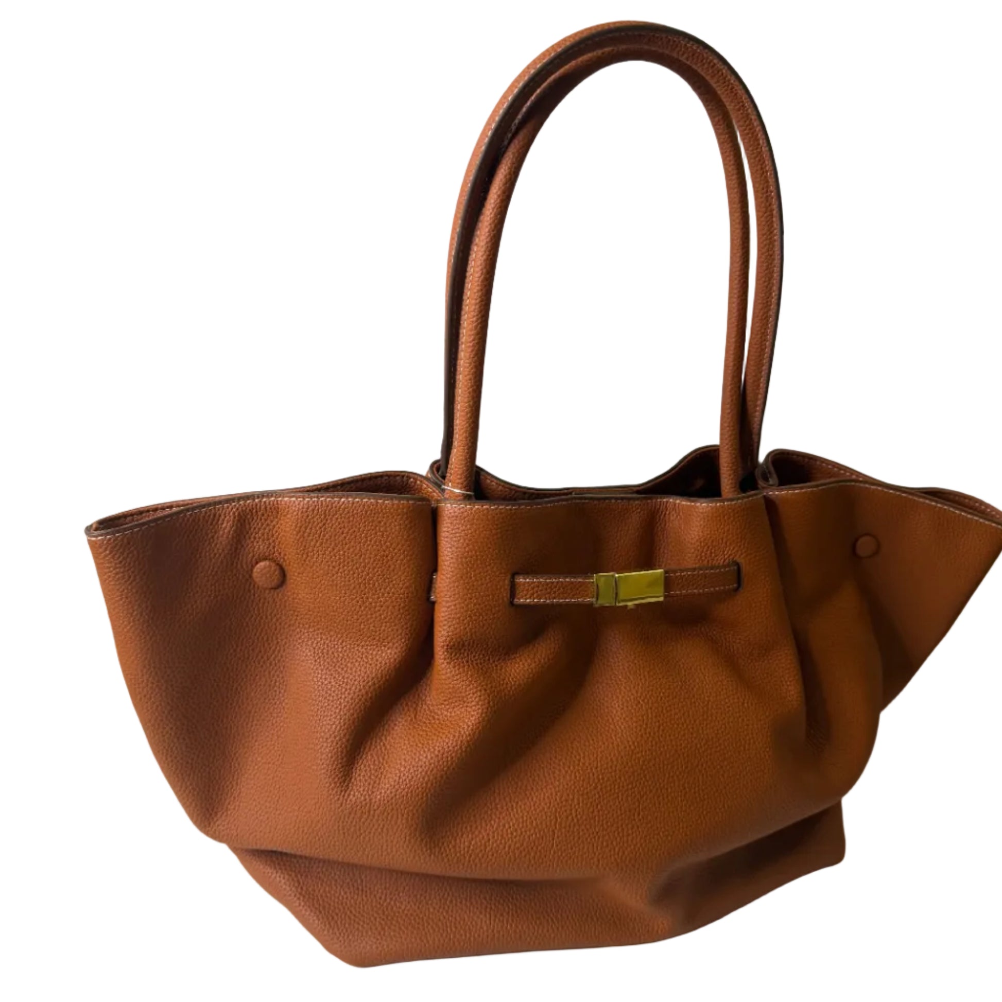 Brown leather handbag on a light gray background