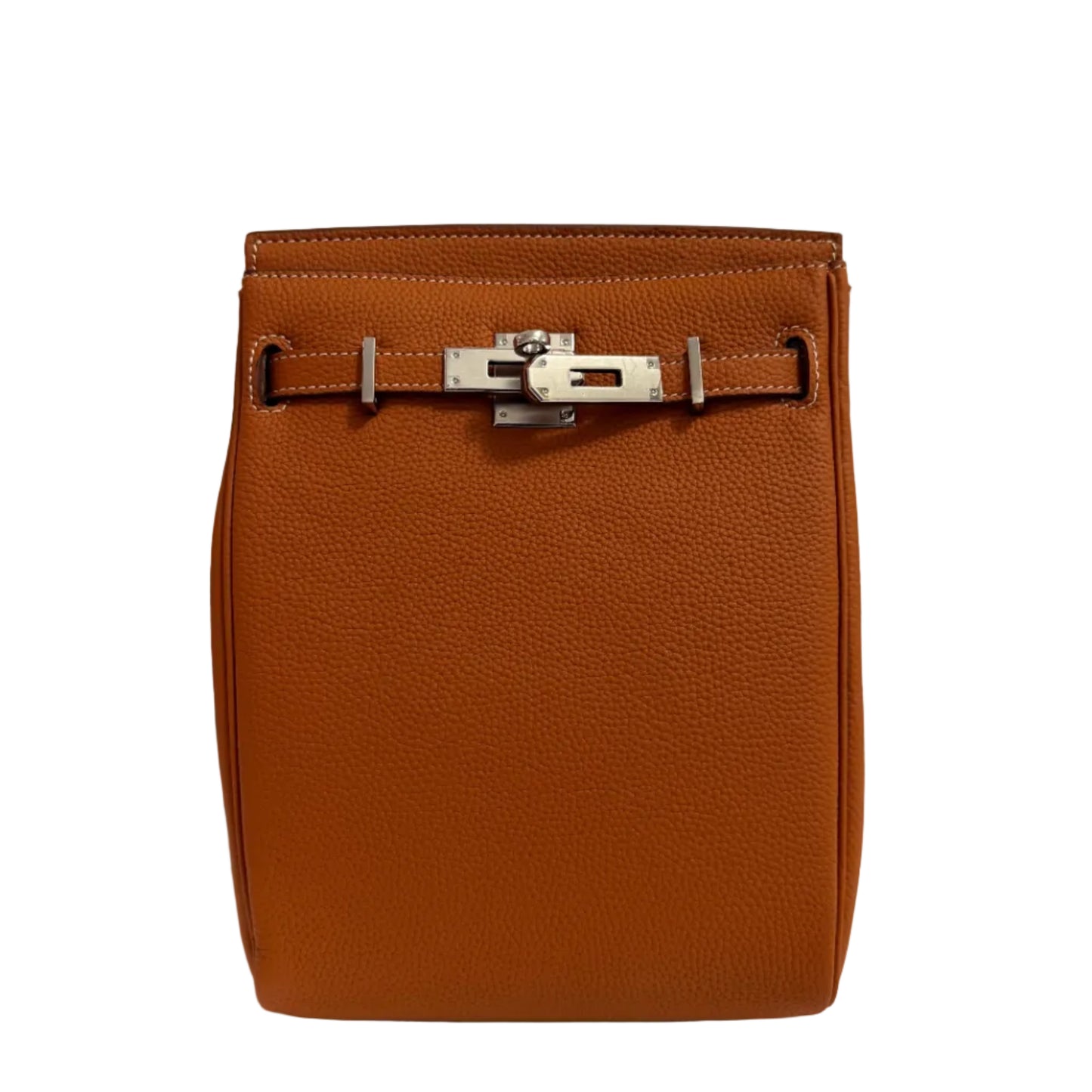 Brown leather bag with a silver buckle on a light gray background