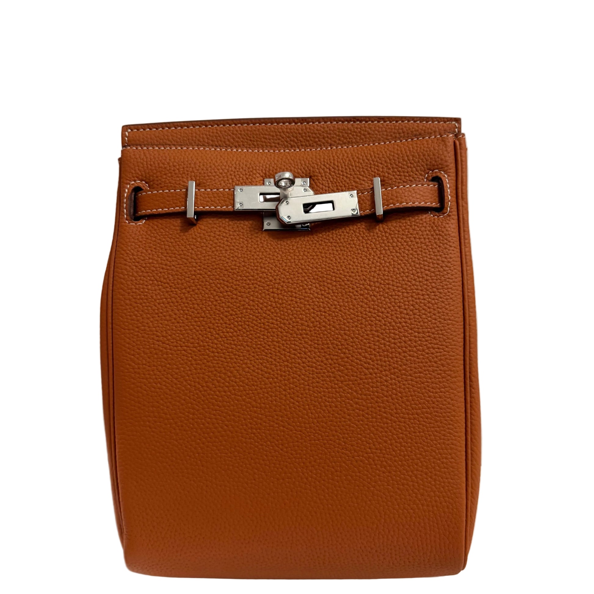 Brown leather bag with a silver buckle on a light gray background