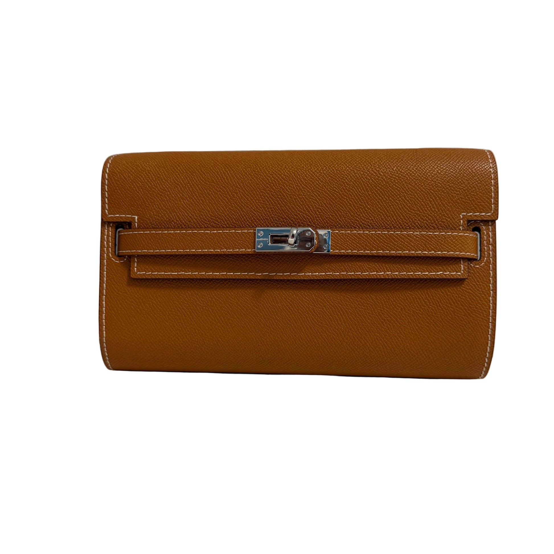 Brown leather clutch bag with a silver clasp on a light gray background