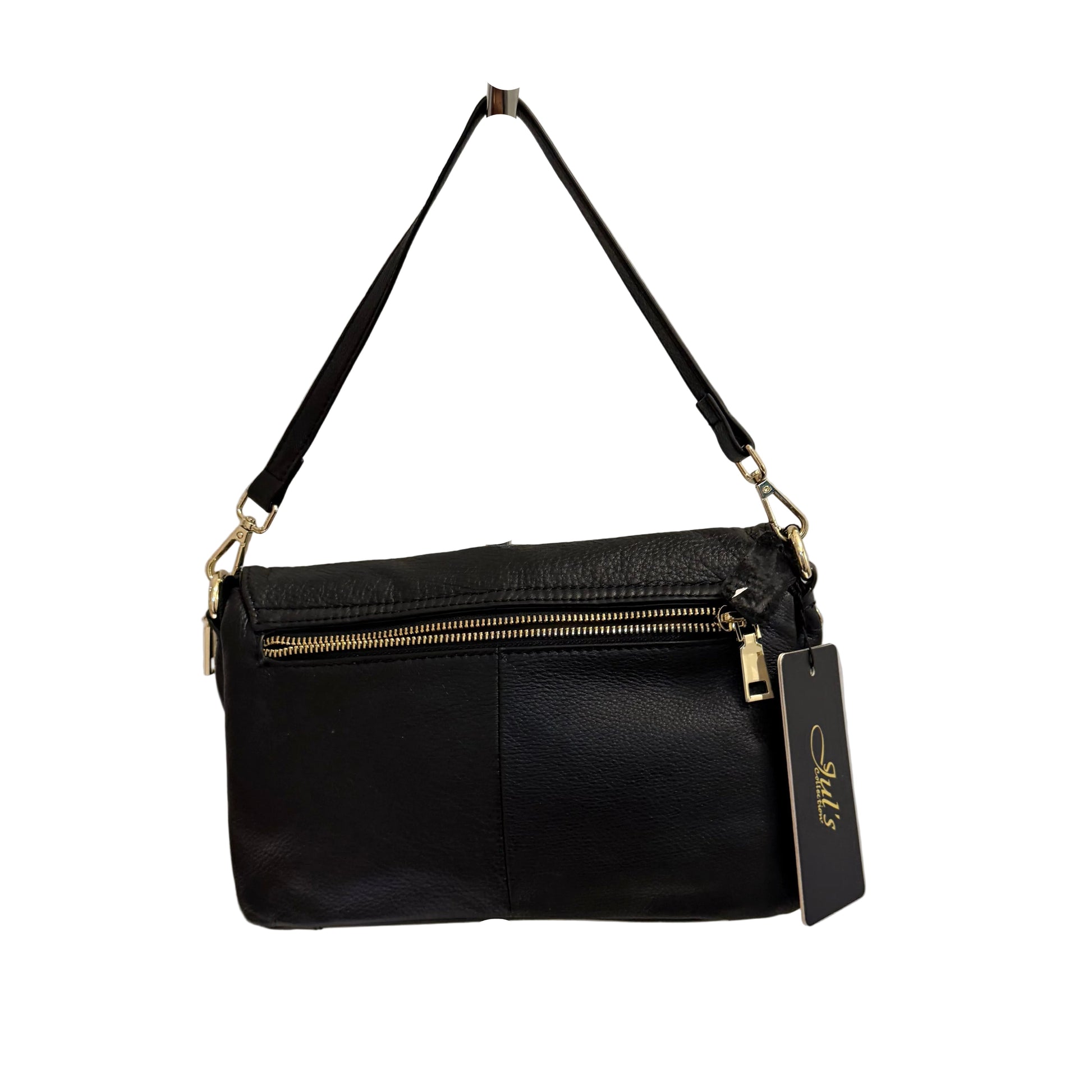 Black handbag with gold zippers on a stand against a white background