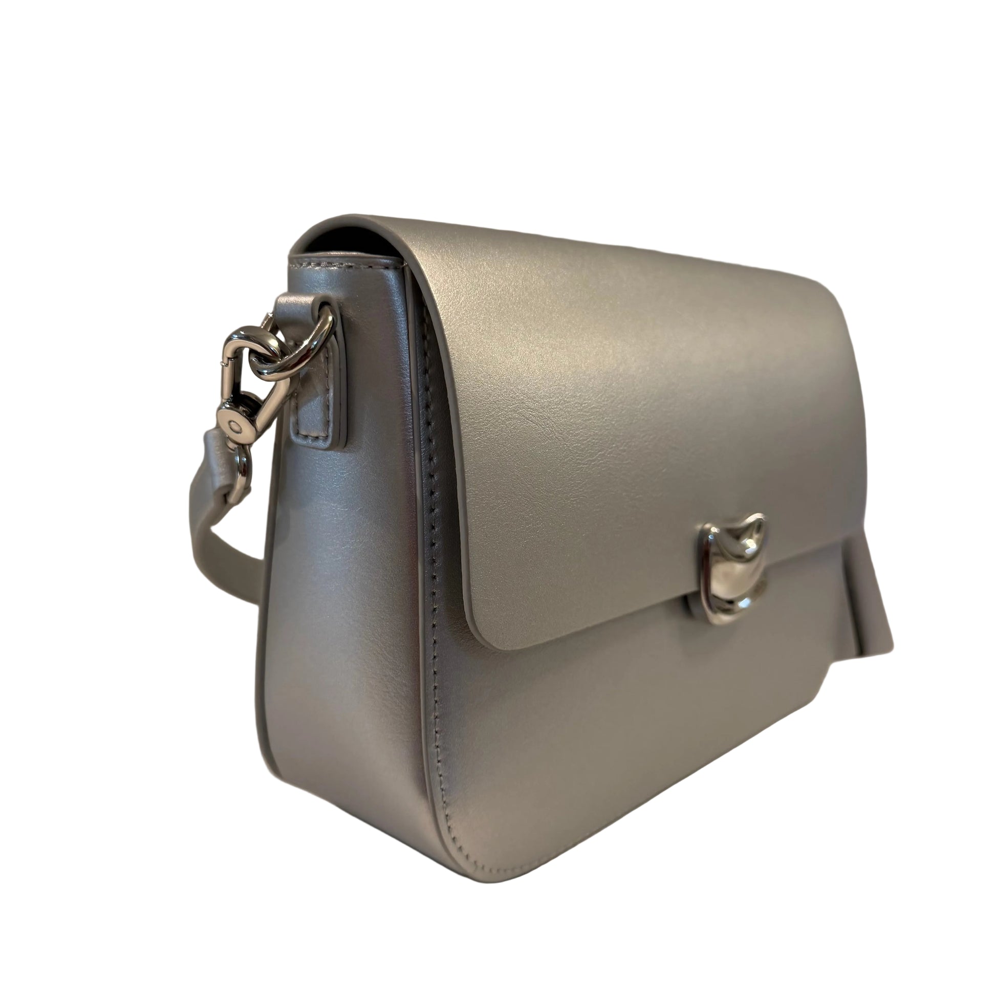 Gray handbag with a silver clasp on a neutral background