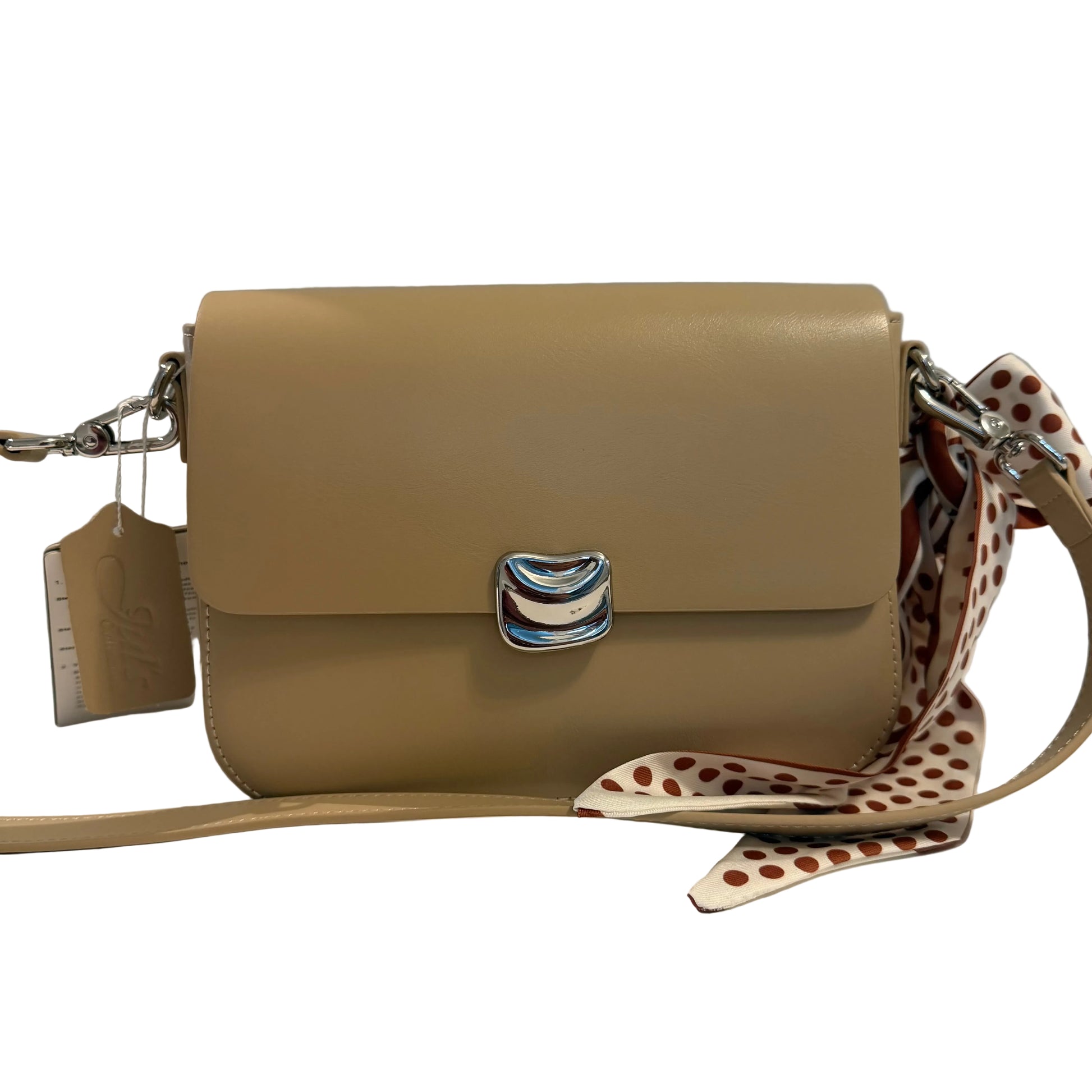 Beige handbag with a patterned strap on a light background