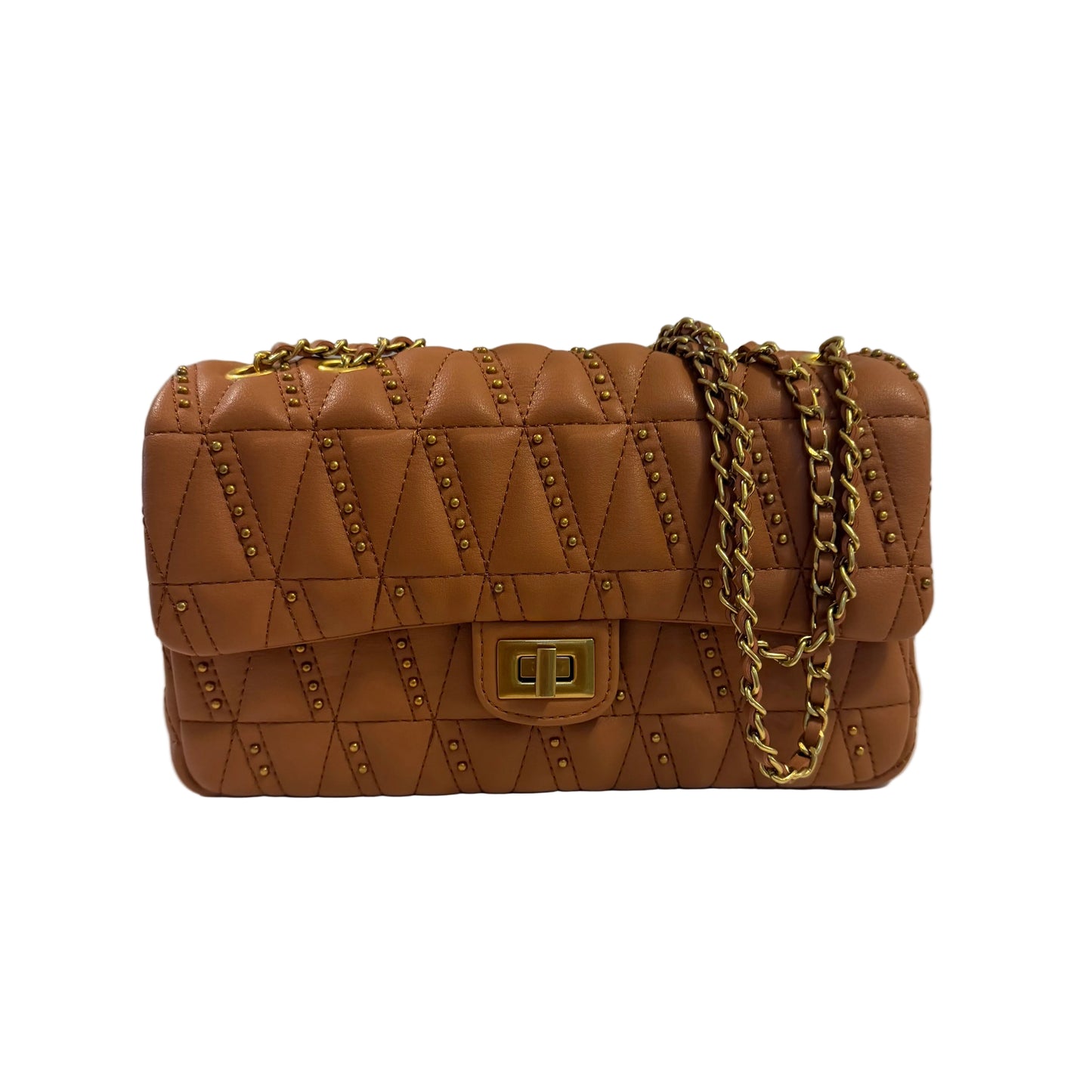 Brown quilted handbag with gold chain strap on a white surface