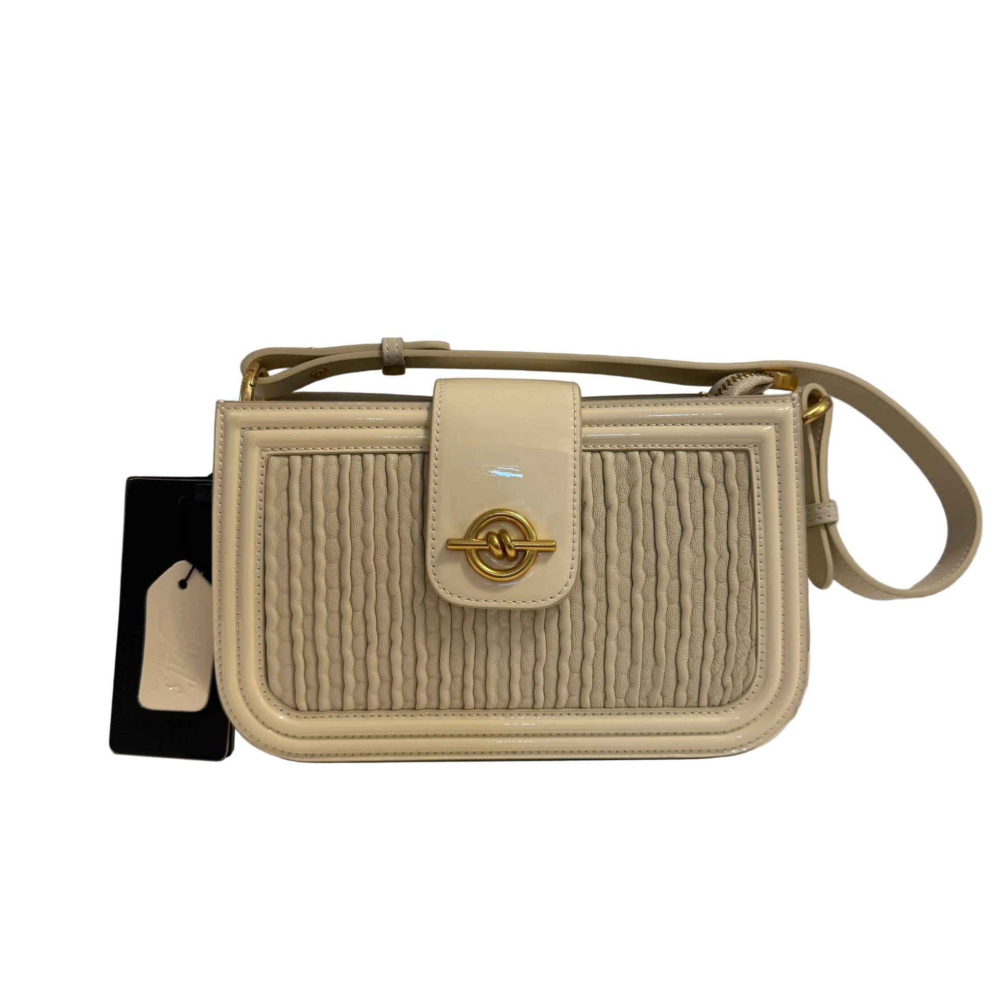 Beige textured handbag with gold accents on a light gray background