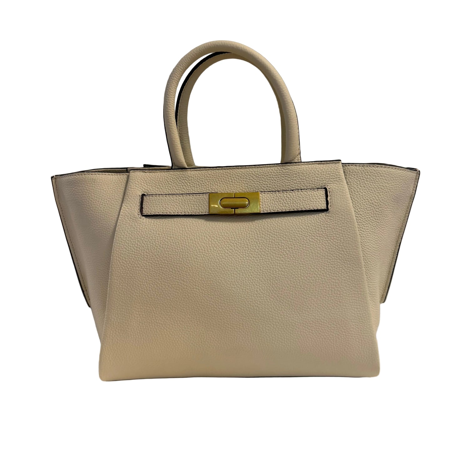 Beige handbag with a gold clasp on a gray background