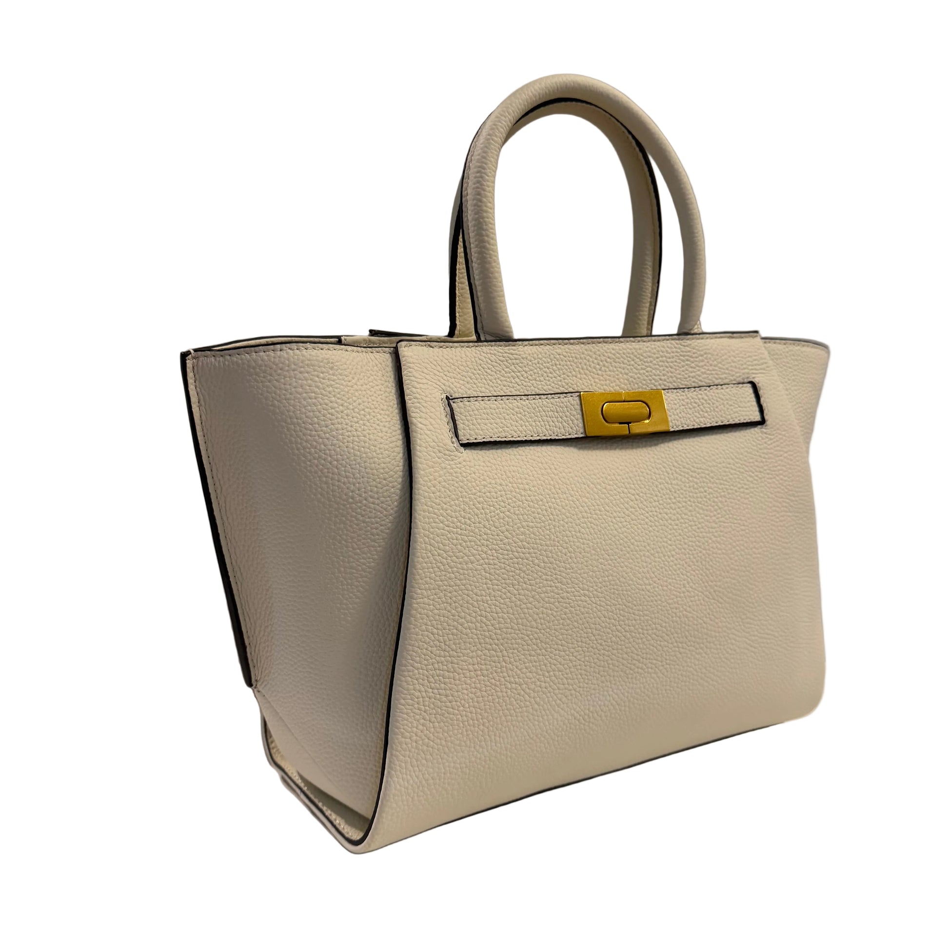 Beige handbag with a gold clasp on a neutral background