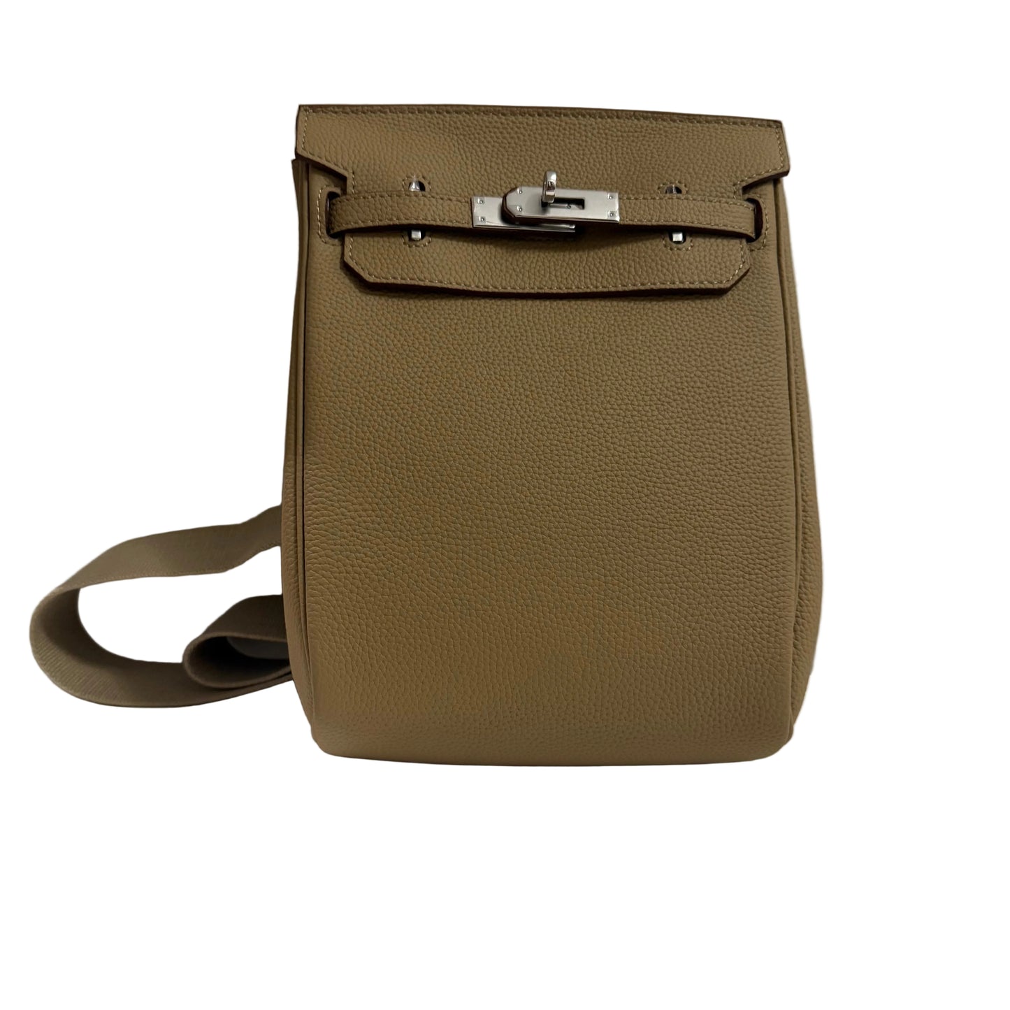 Brown leather handbag with a silver buckle on a light gray background