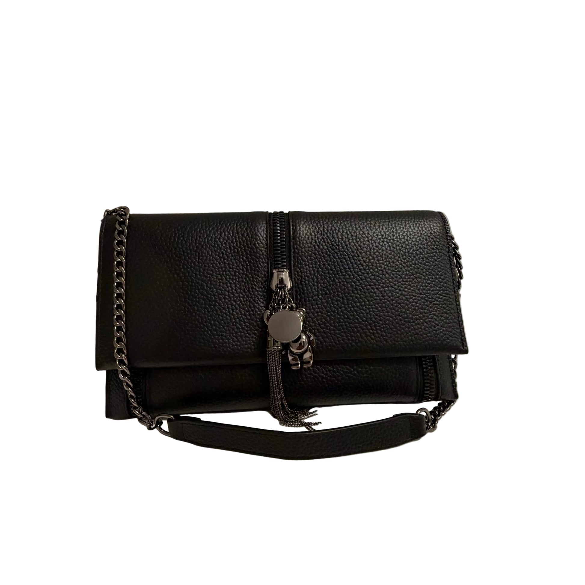 Black leather handbag with chain detail on a neutral background