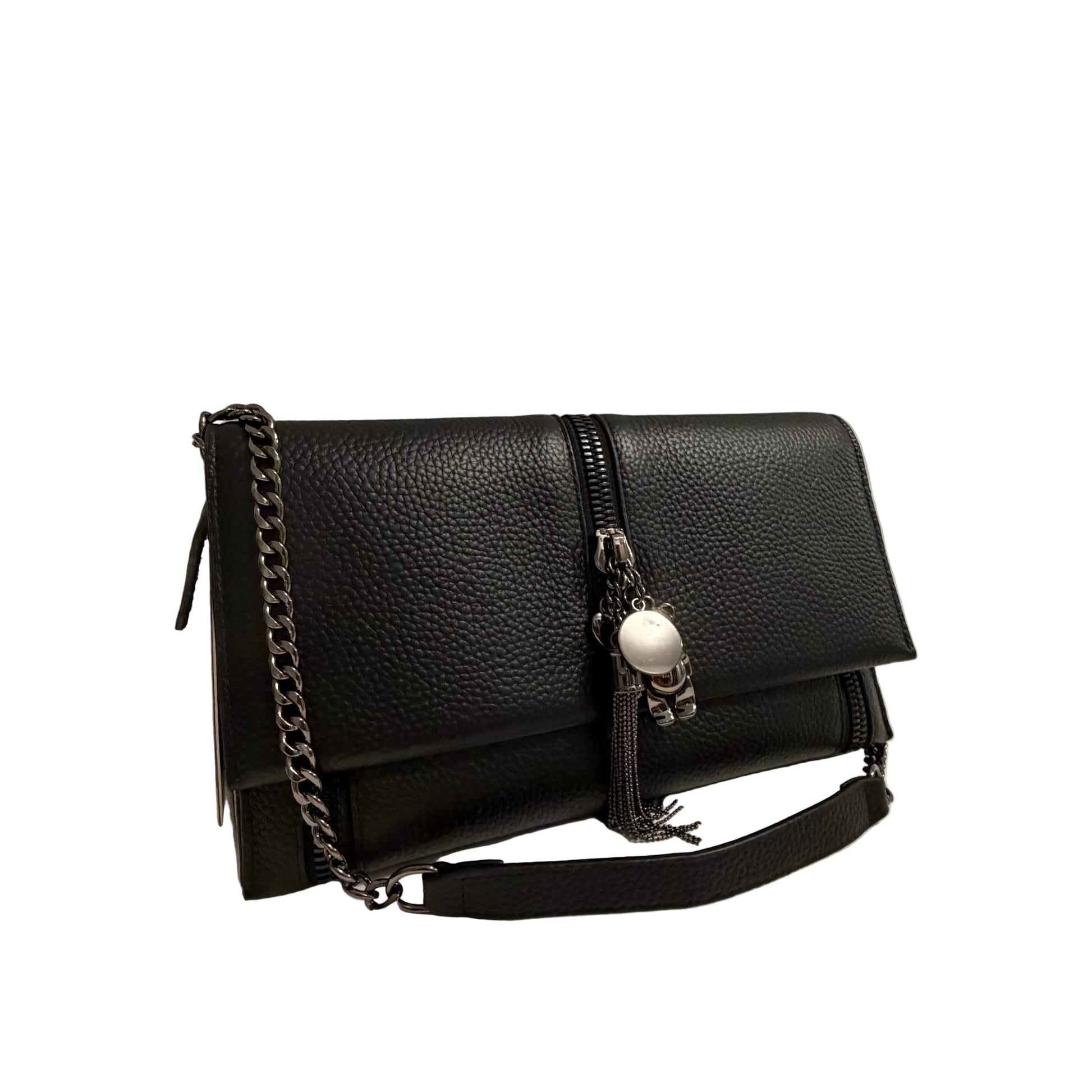 Black leather handbag with chain detail on a neutral background