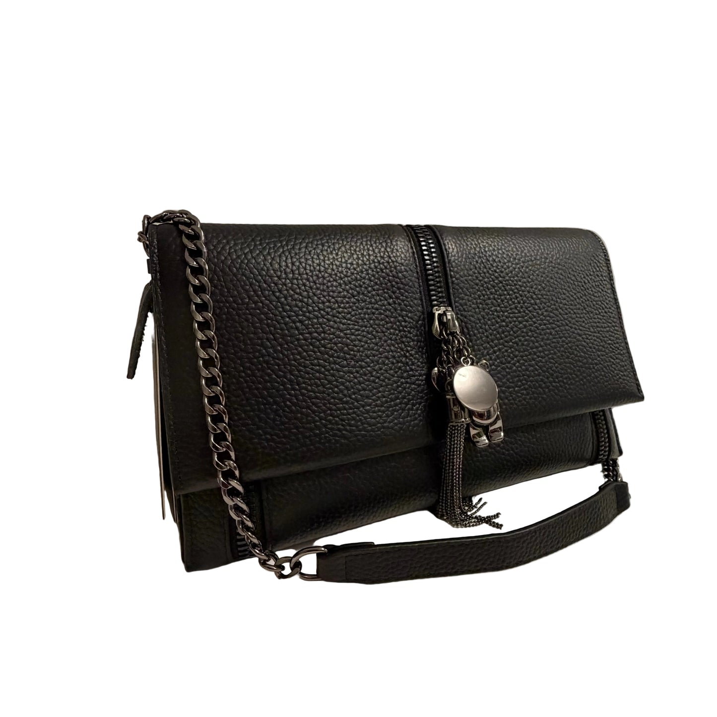 Black leather handbag with chain detail on a neutral background