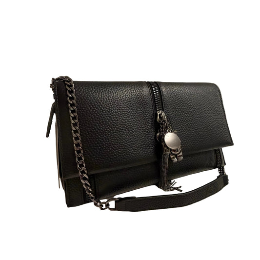 Black leather handbag with chain detail on a neutral background
