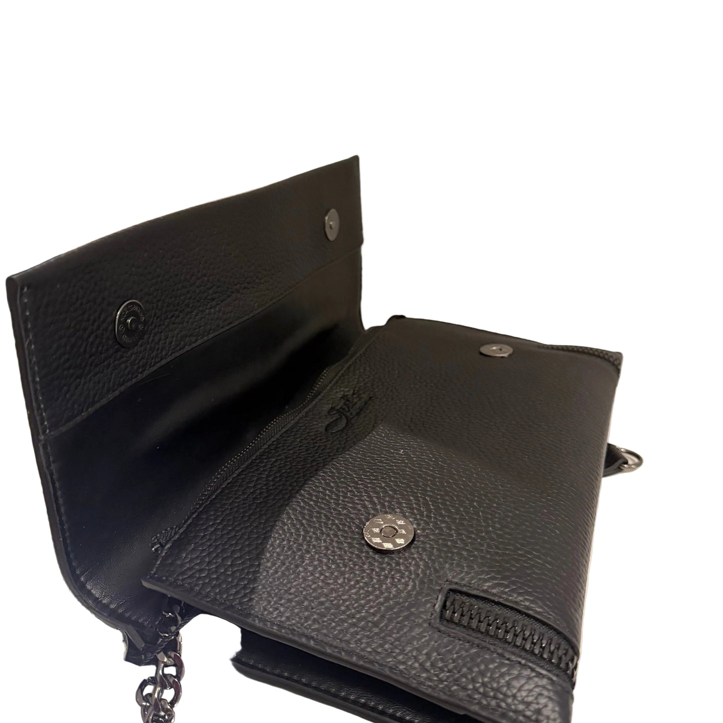 Black leather handbag with chain detail on a light gray background