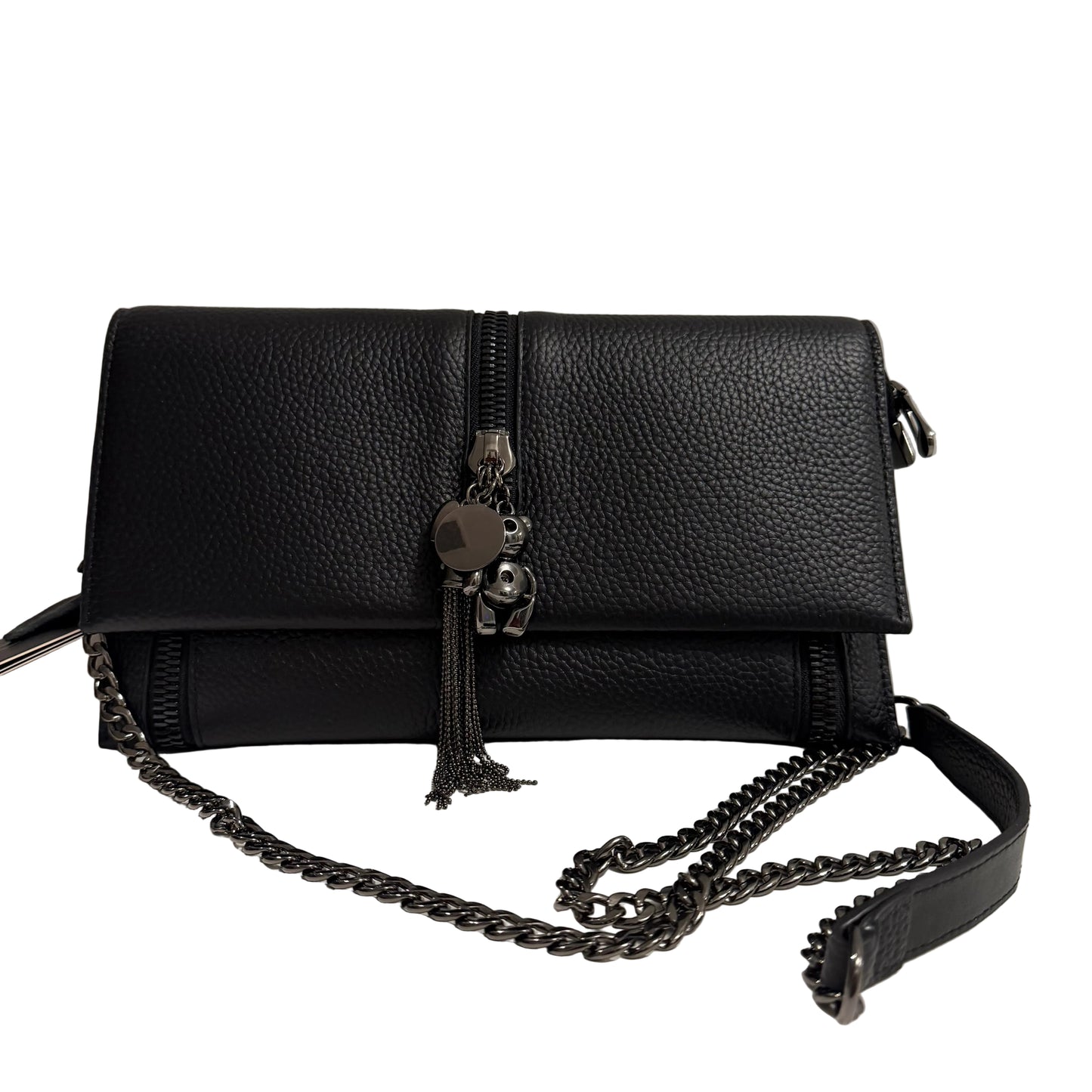 Black leather handbag with chain detail on a light gray background
