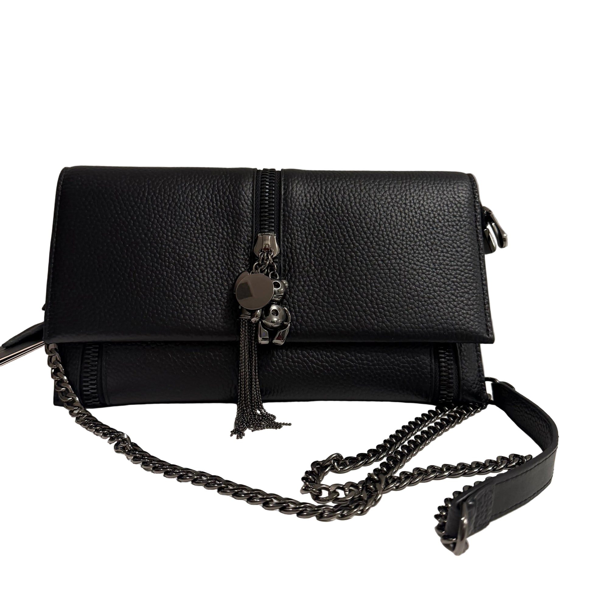 Black leather handbag with chain detail on a light gray background