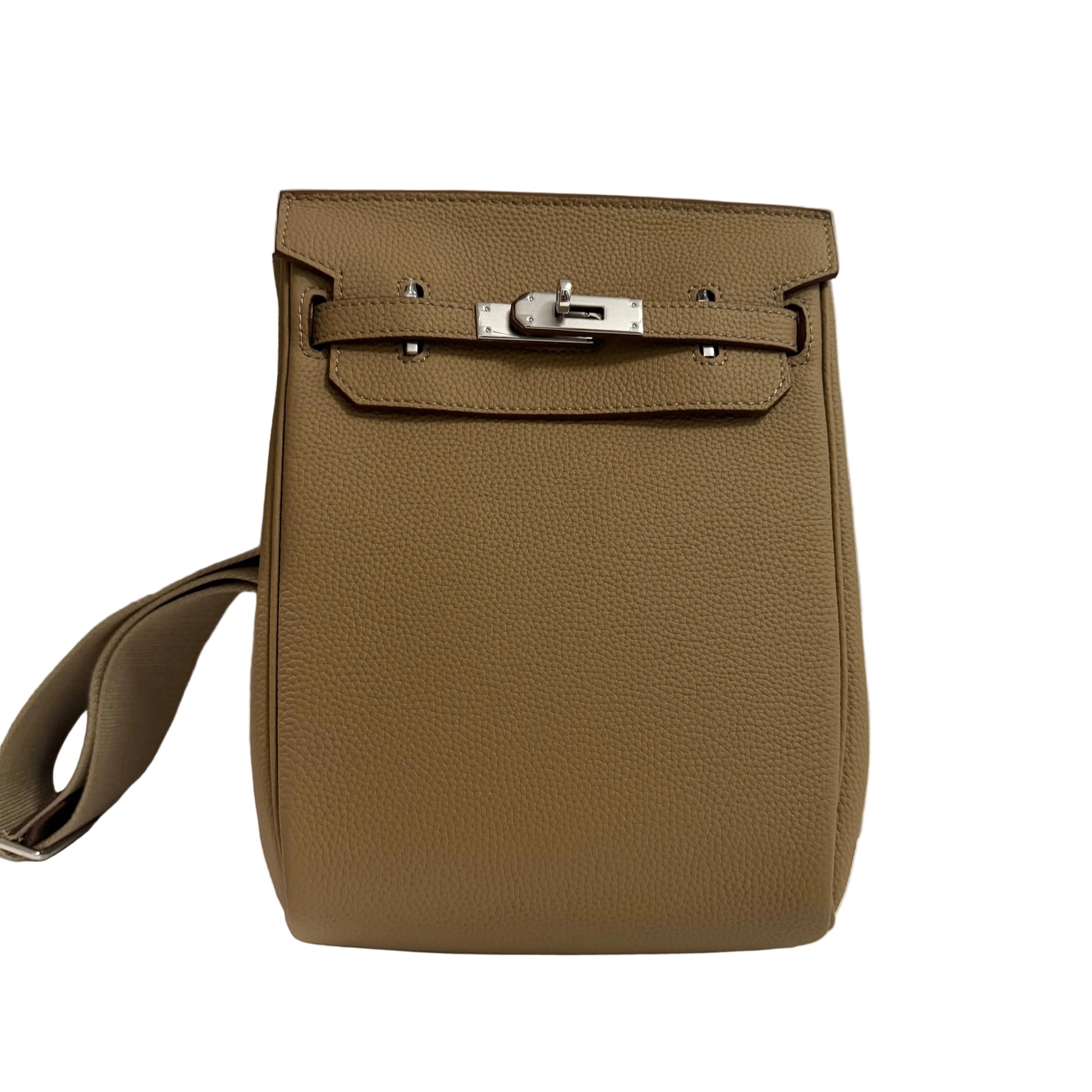 Brown leather handbag with a silver clasp on a light gray background